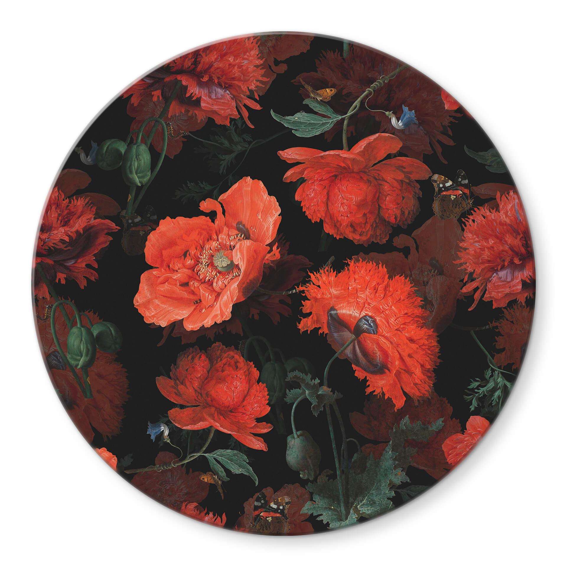 Tableau sur verre UN Designs - Fleurs rouges - Rond