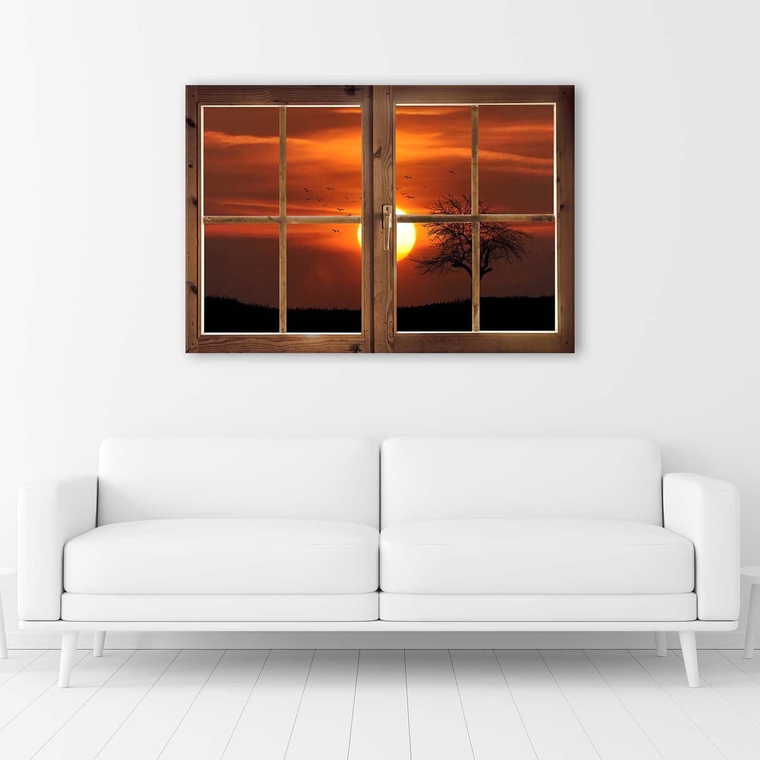 Canvasbillede, Vinduesudsigt, solnedgang