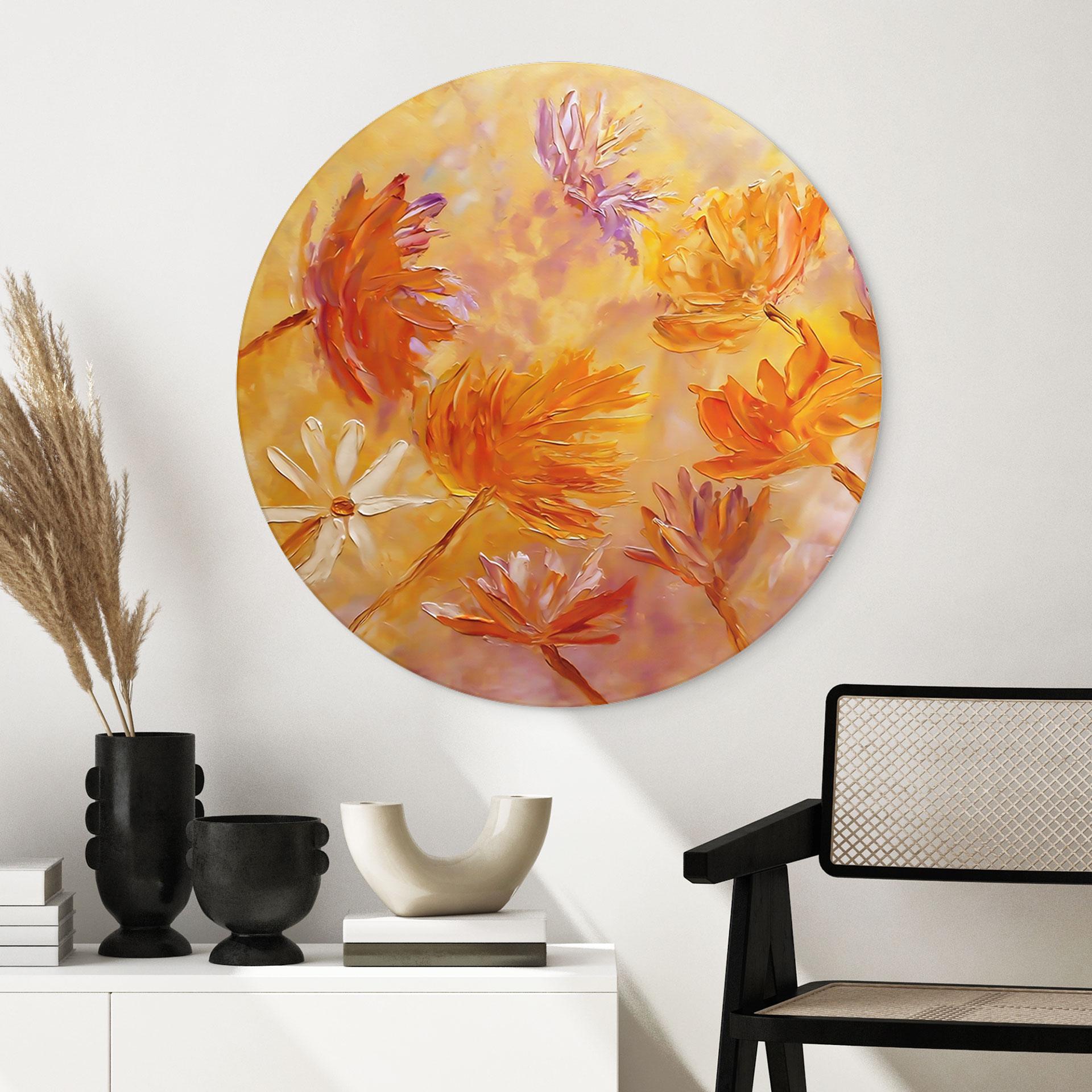 Vægmaleri Golden Blossom Rush - Pomata - rund – print på aluminium (Alu-Dibond)