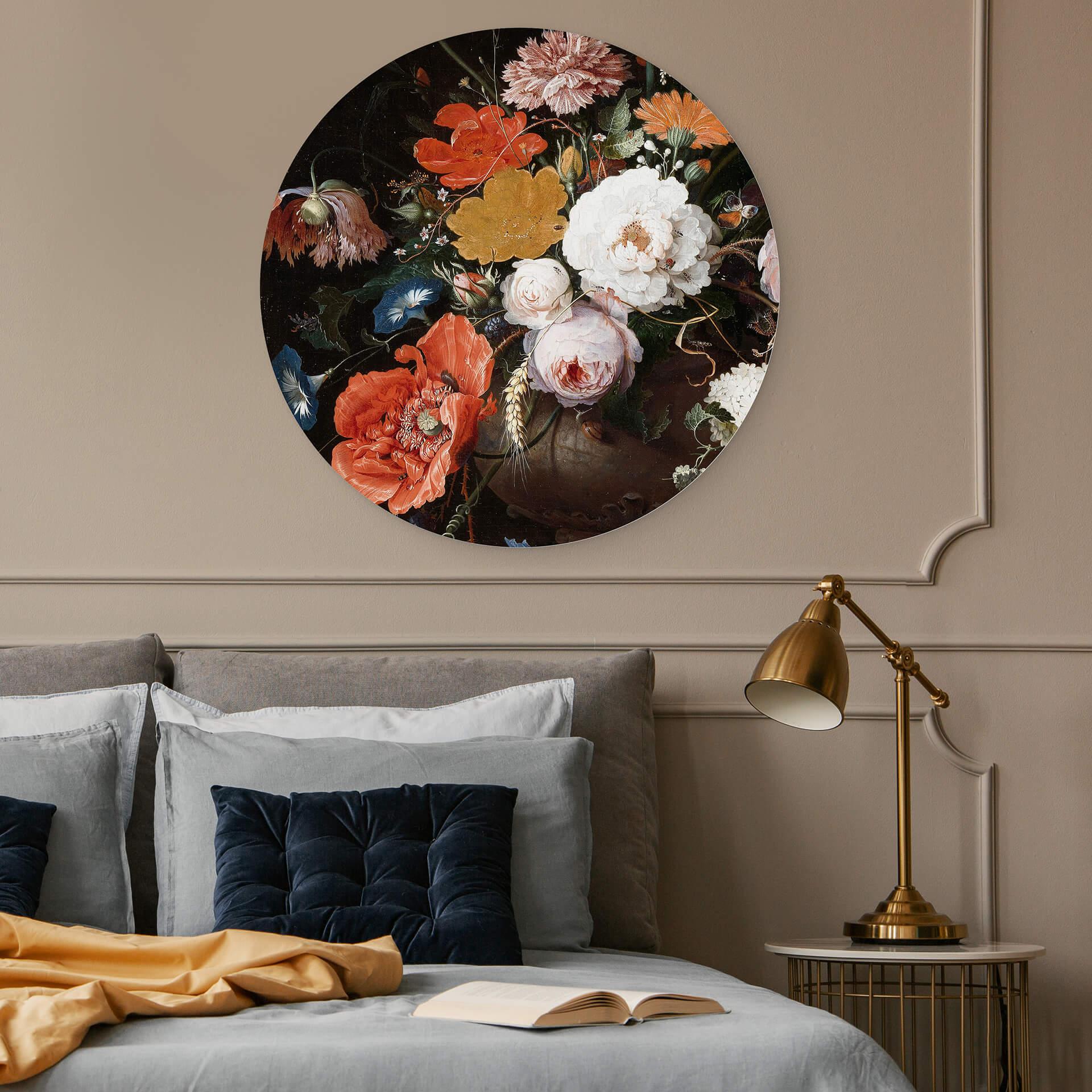 Alu-Dibond Mignon - Stilleben med blomster og ur - Rund – print på aluminium (Alu-Dibond)