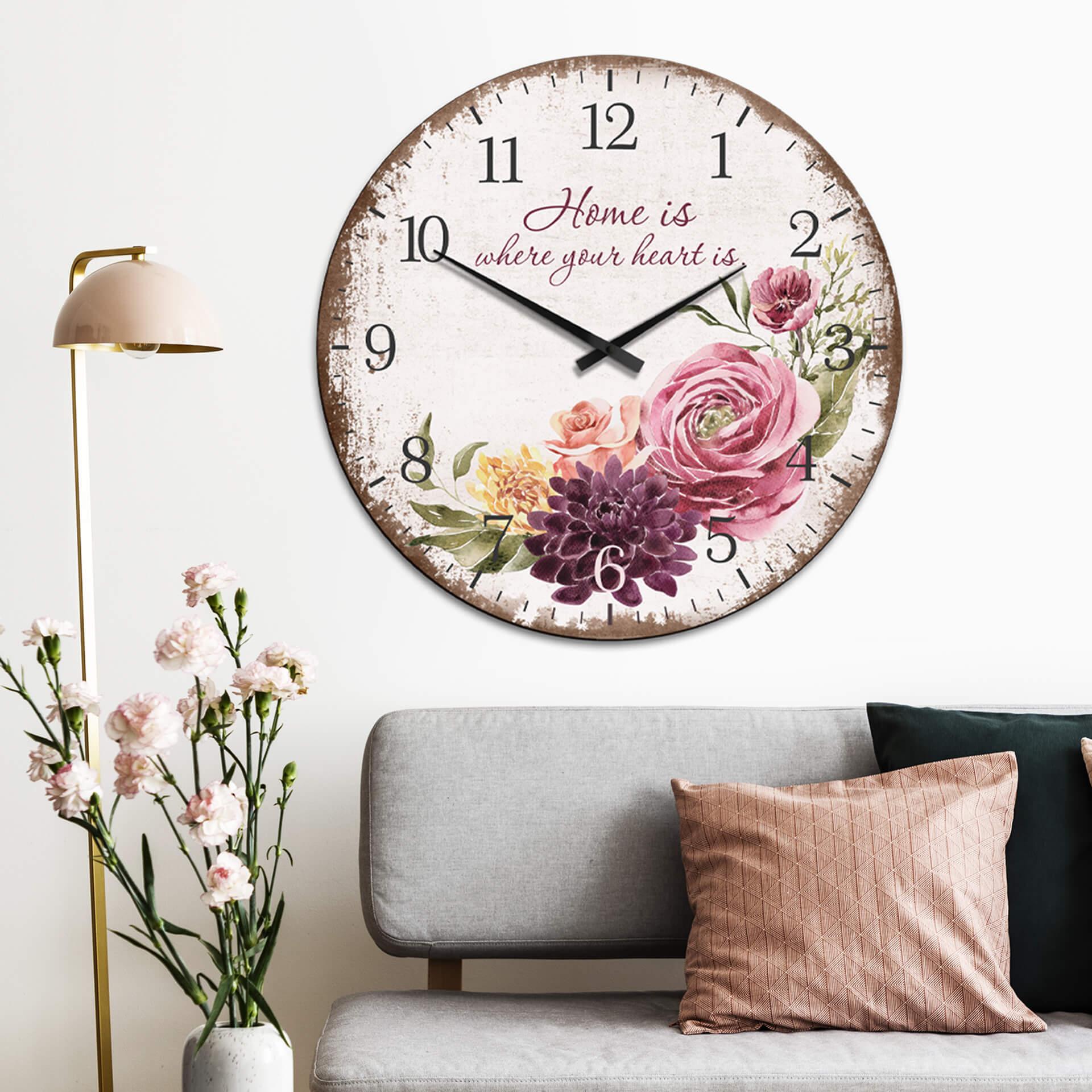 XXL Wanduhr Home is where your heart is - Vintage - Ø 70 cm