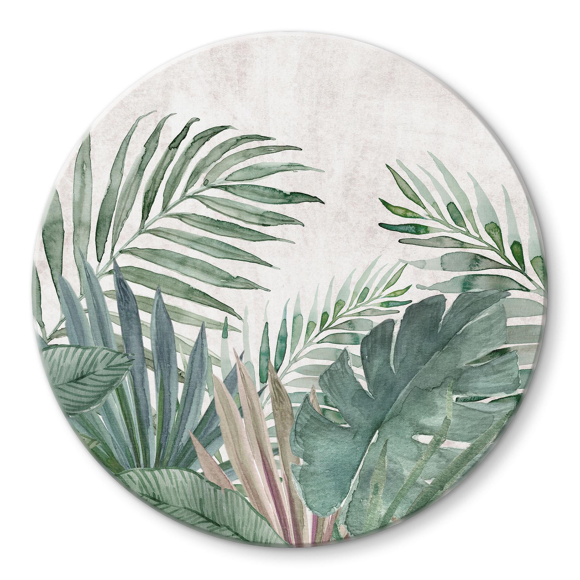 Glasbillede - Jungle Leaves Green Watercolour - Bloomery Decor - Round