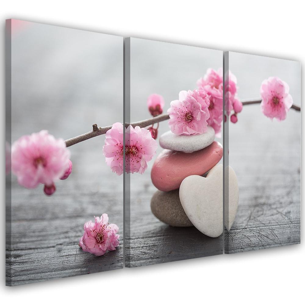 3-delt lærredsprint Zen Cherry Blossom Heart Stone