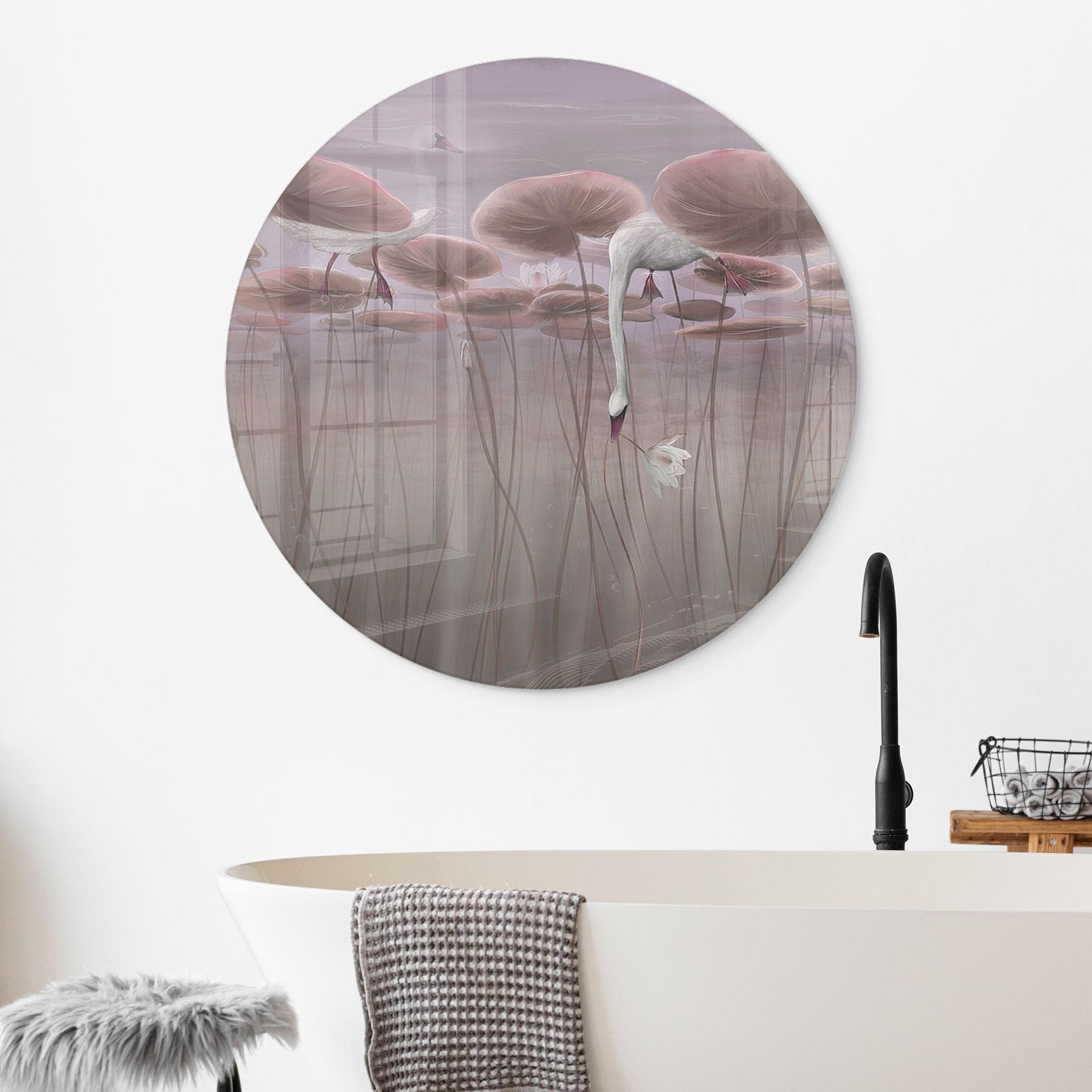 Glasbild Lotusblumen mit Schwan im Wasser in Altrosa - Ms Tiff - Rund