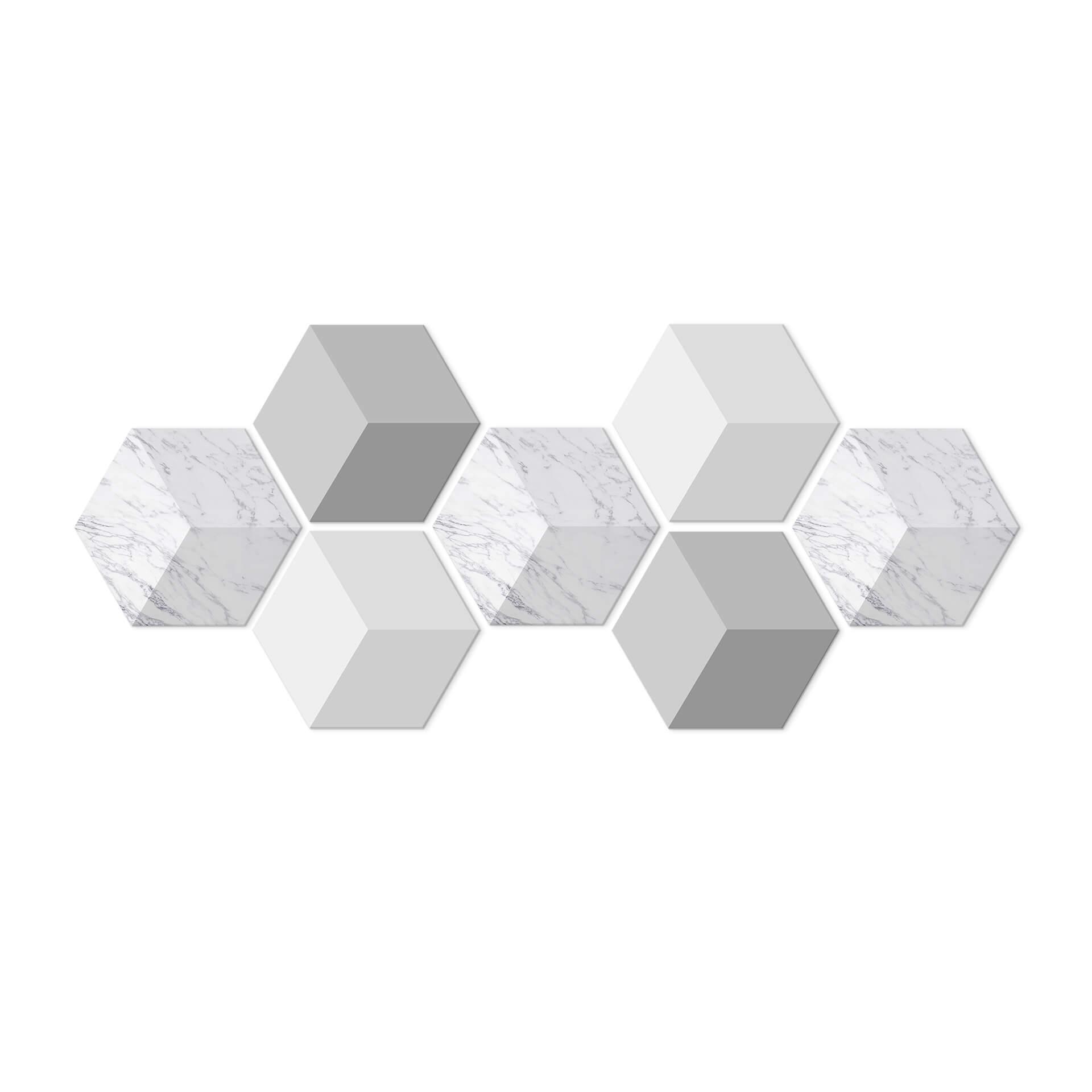 3D Hexagon Alu-Dibond sæt - Lys marmor (sæt med 7)