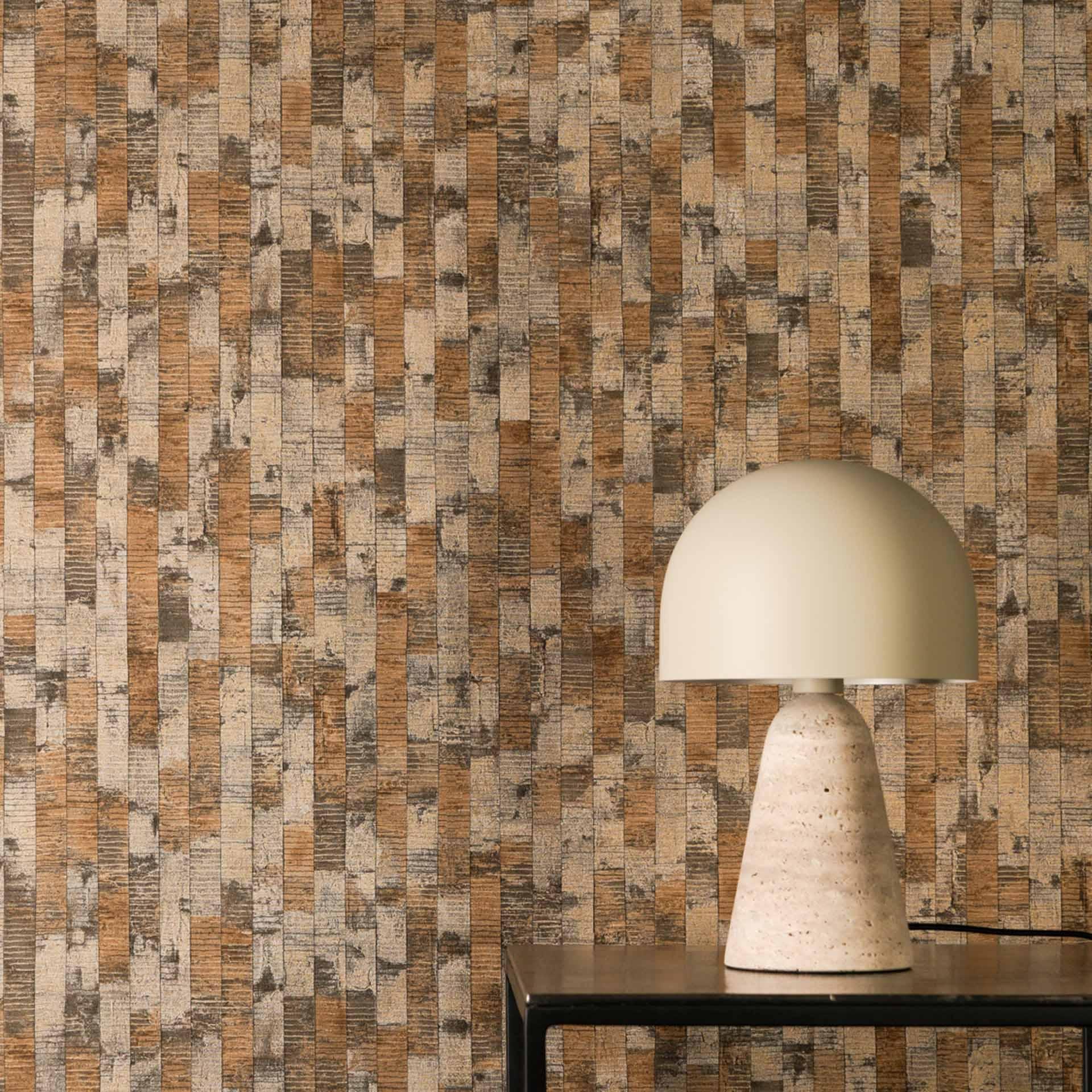 Papel pintado no tejido Daniel Urban Lines marrón gris naranja metalizado - textura de la superficie a rayas