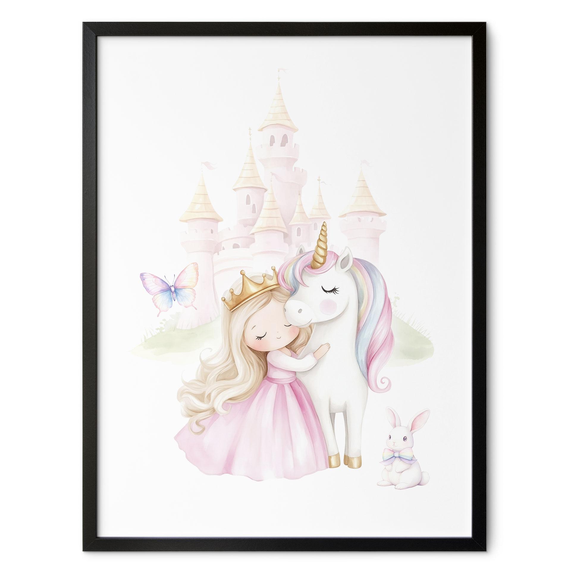 Plakat til børn - Prinsesse og enhjørning i et eventyr
