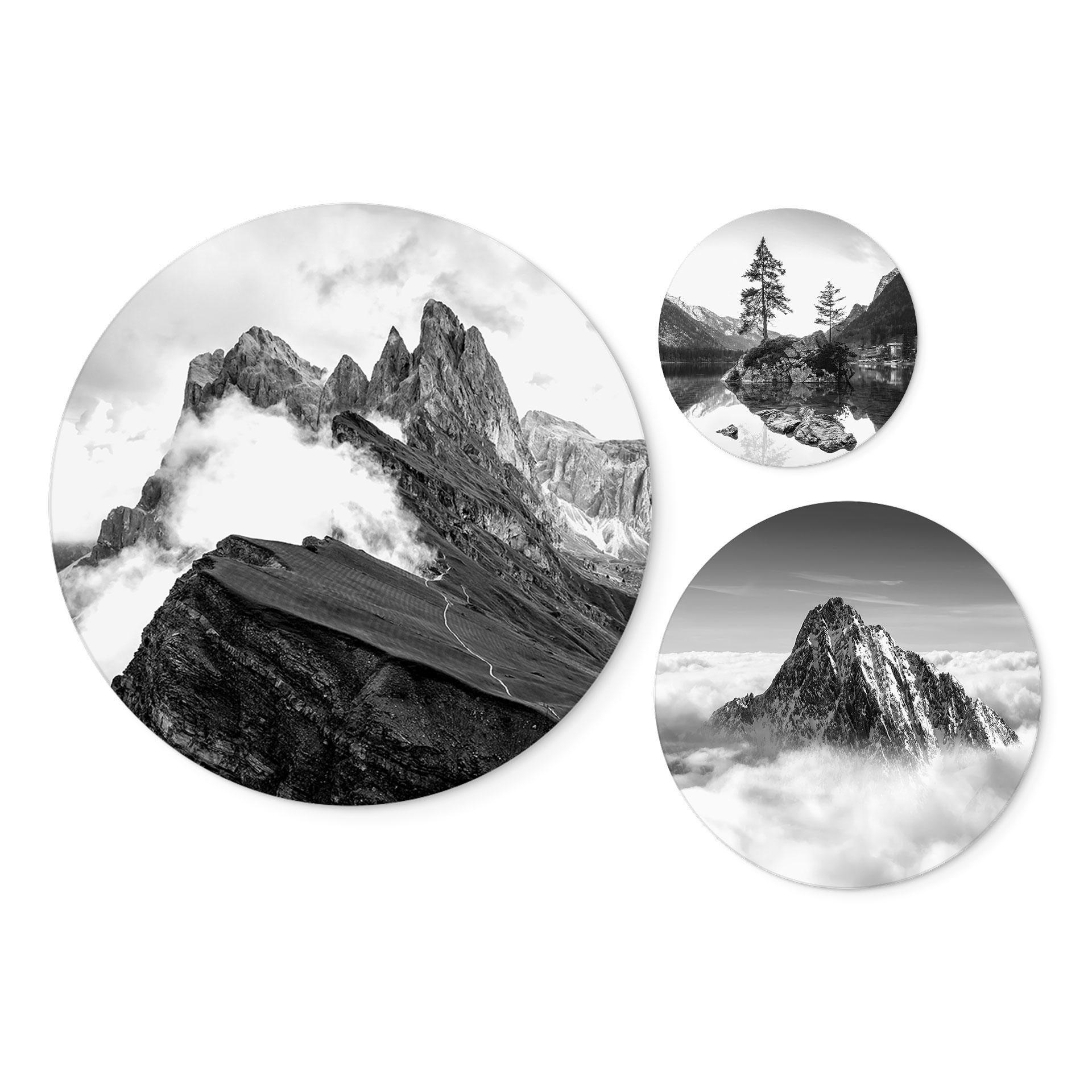 Rundes Wandbilder-Set Berggipfel in den Wolken - Schwarz-weiß (3-teilig) - Alu-Dibond