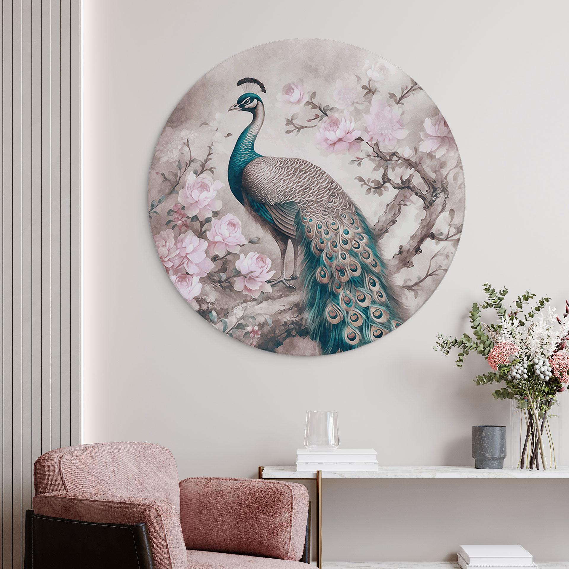 Vægcirkel Påfugl med blomster - Haase – print på aluminium (Alu-Dibond)