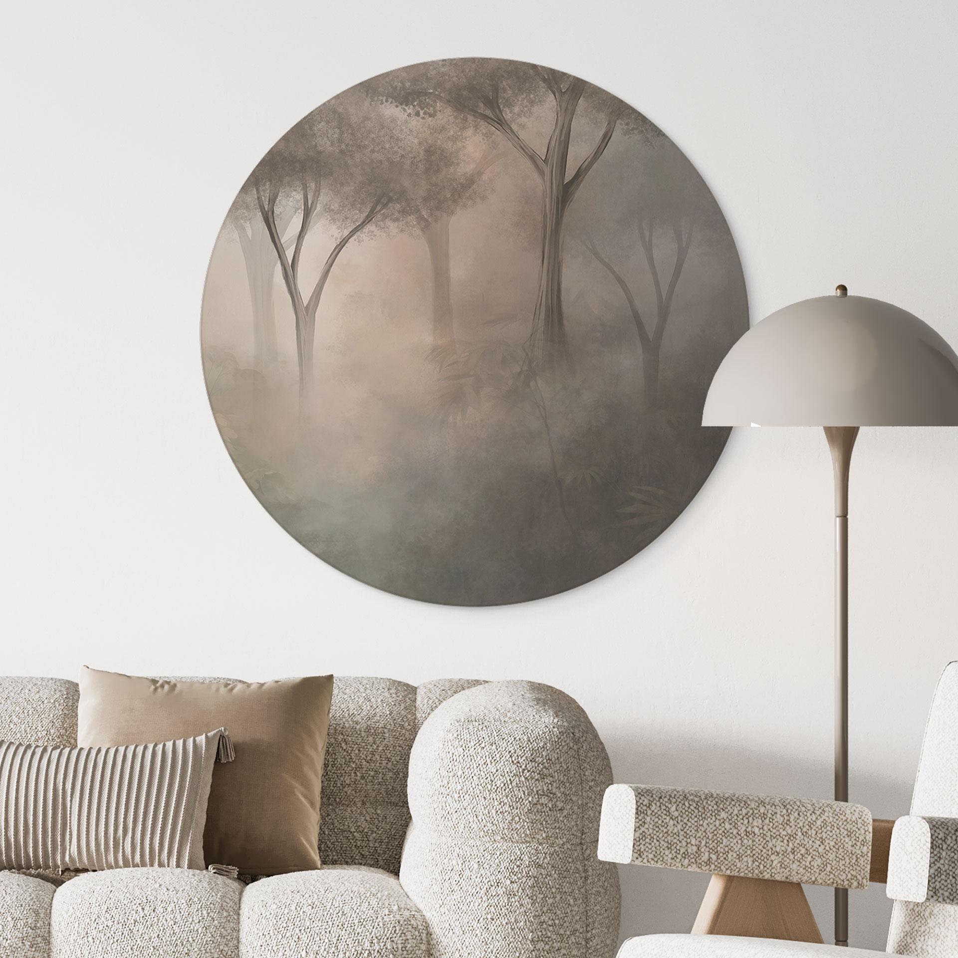 Wanddecoratie Bosmagie in de ochtendnevel Beige - Ms Tiff - Alu-Dibond Rond