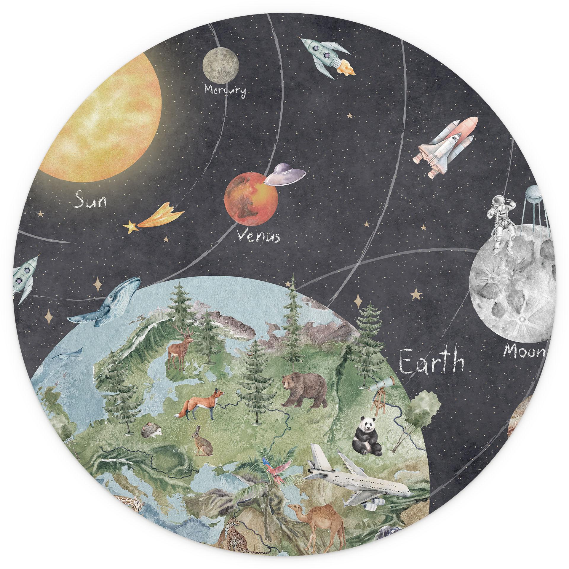 Fotobehang voor kinderen zonnestelsel met planeten en aarde - Ms Tiff - Rond - Zelfklevend/niet-gewe