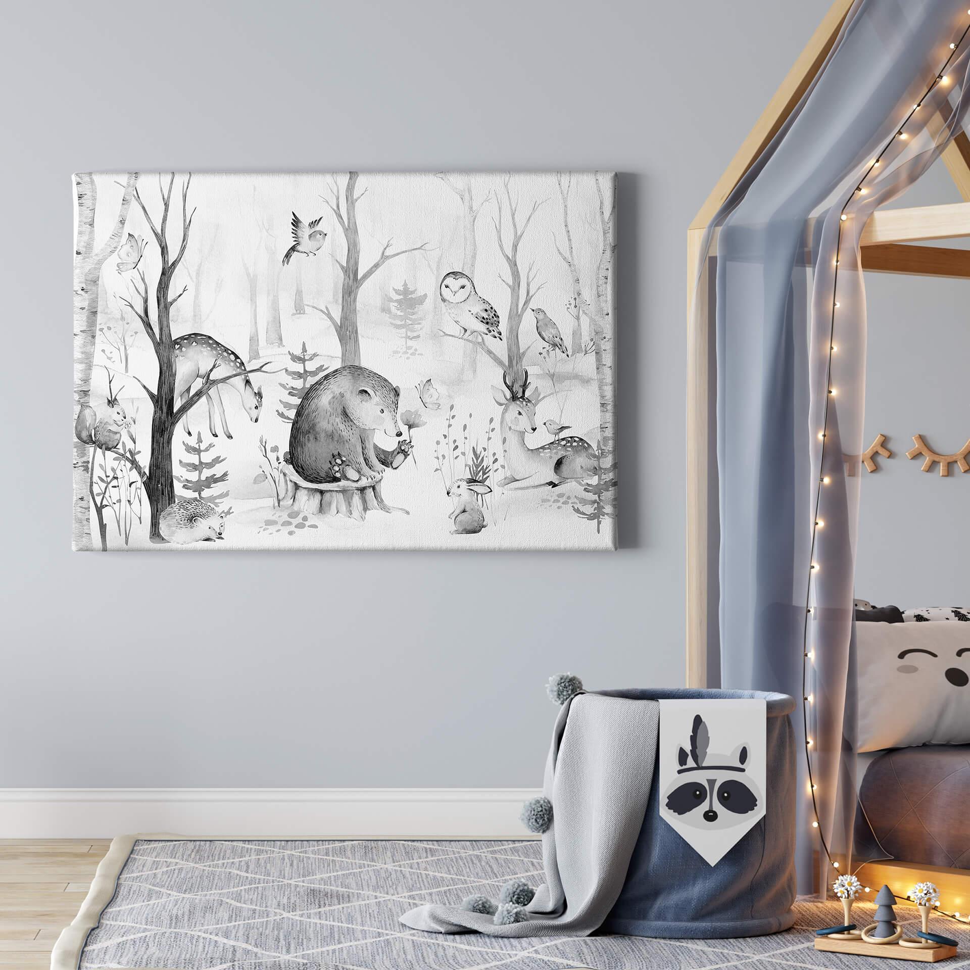 Canvas Kvilis - Dierenvrienden in het Bos zwart-wit