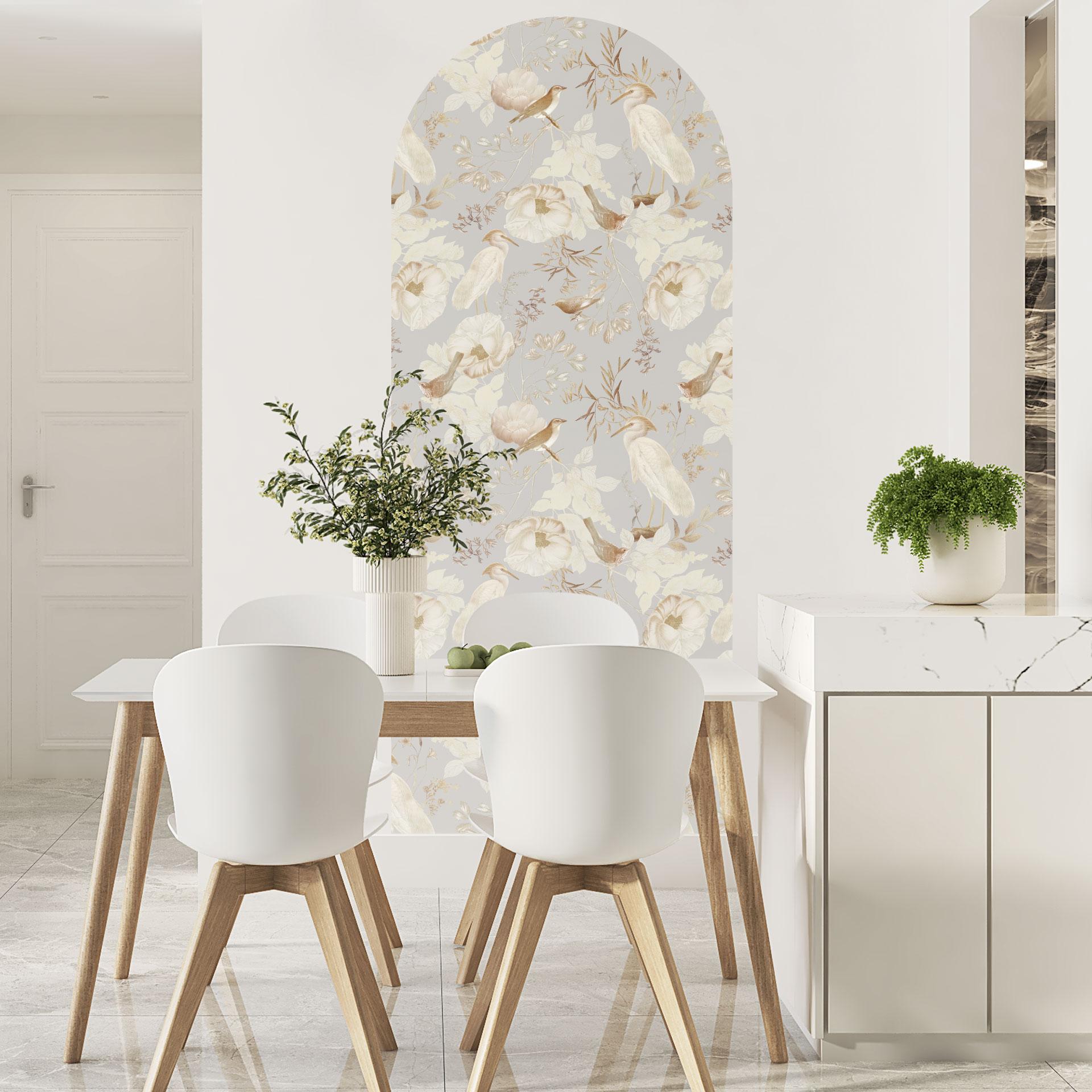Muursticker ronde boog muurpaneel vogels tussen witte bloemen - UN Design - smal