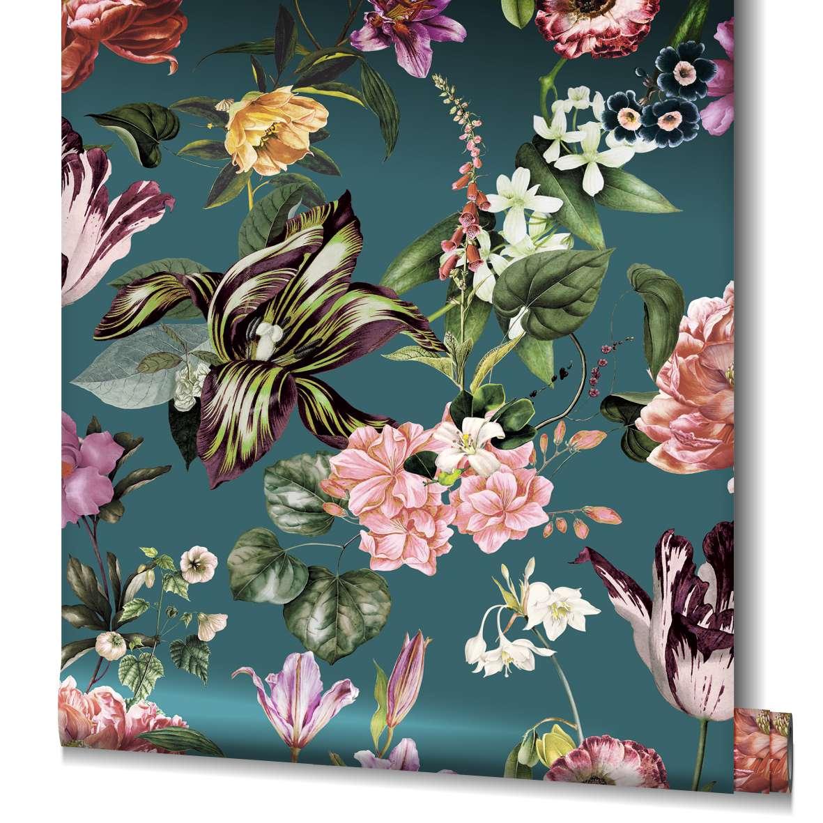 Behang, vlies bloemen behang Flora grijs, blauw