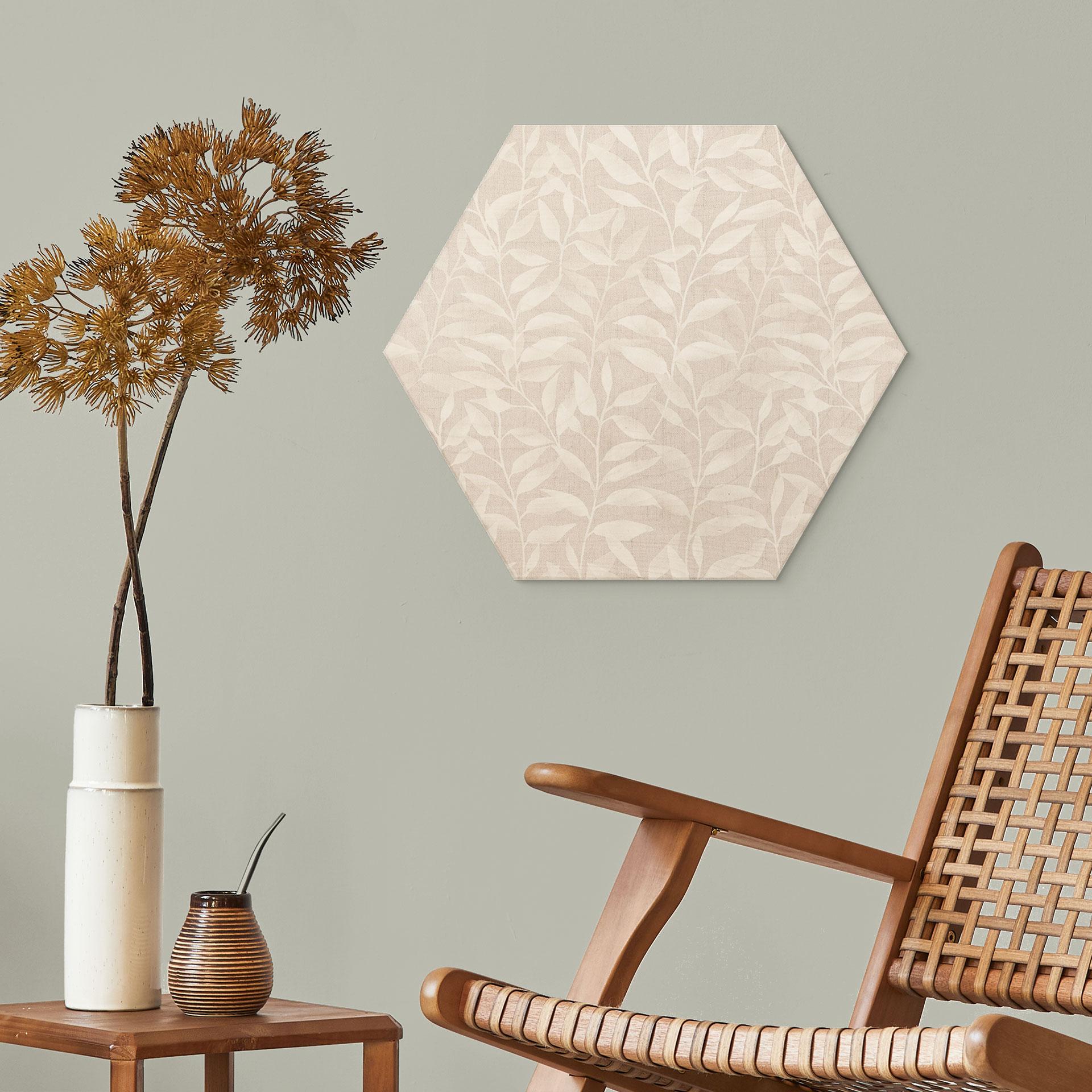 Sekskantet Billede af træ Delikate akvarelblade - blød beige - Bloomery Decor