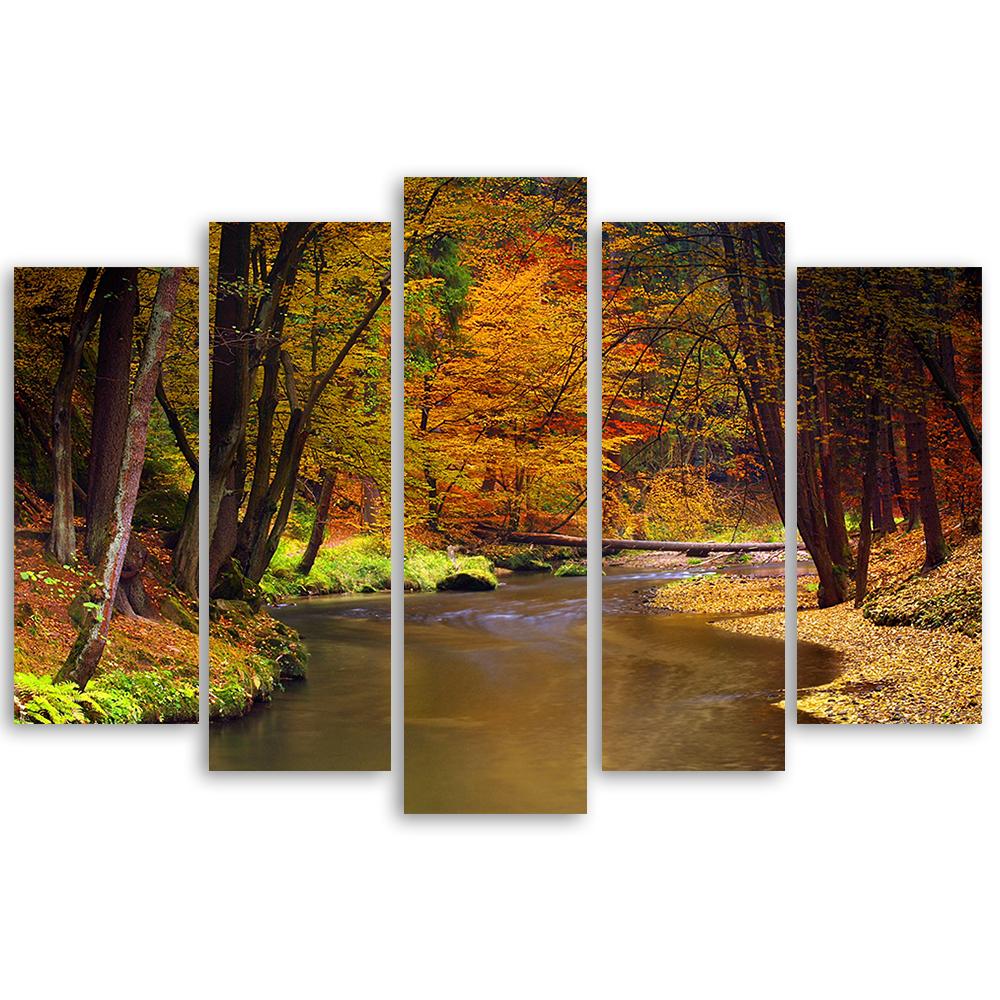 5 stykke lærred Print Autumn Forest River