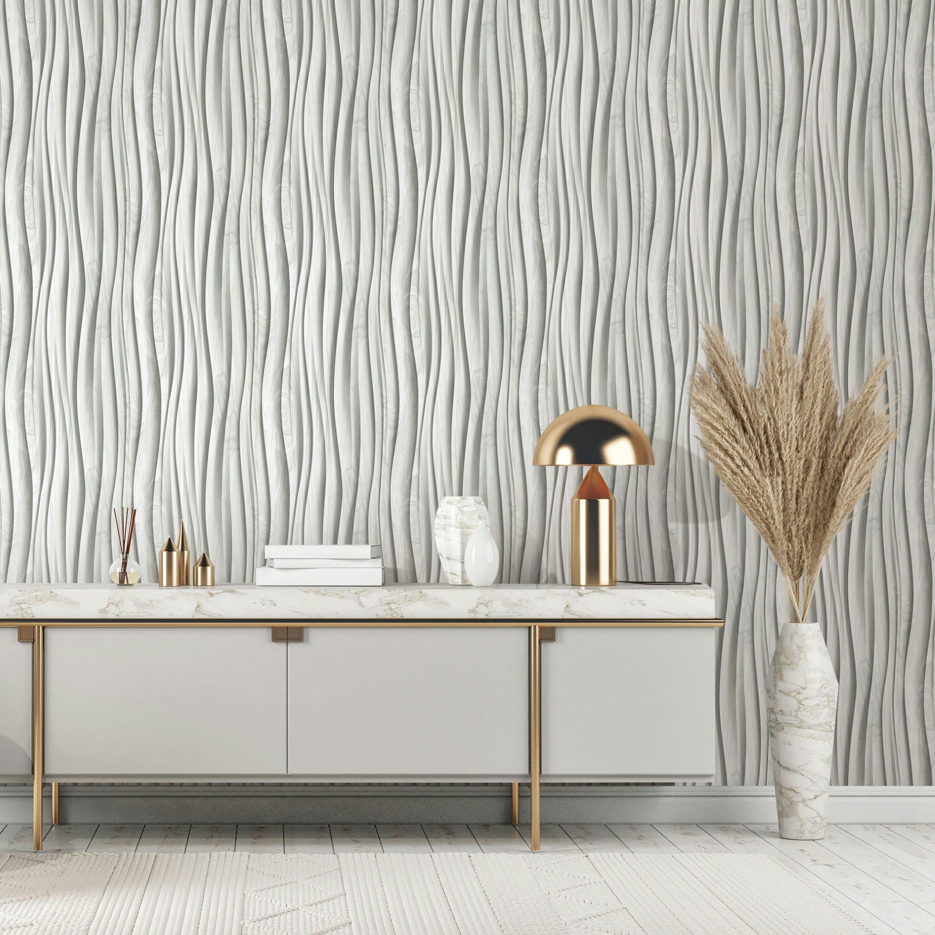Non-woven tapet i hvid, grå 3D-effekt træ-look panel 3D-look moderne