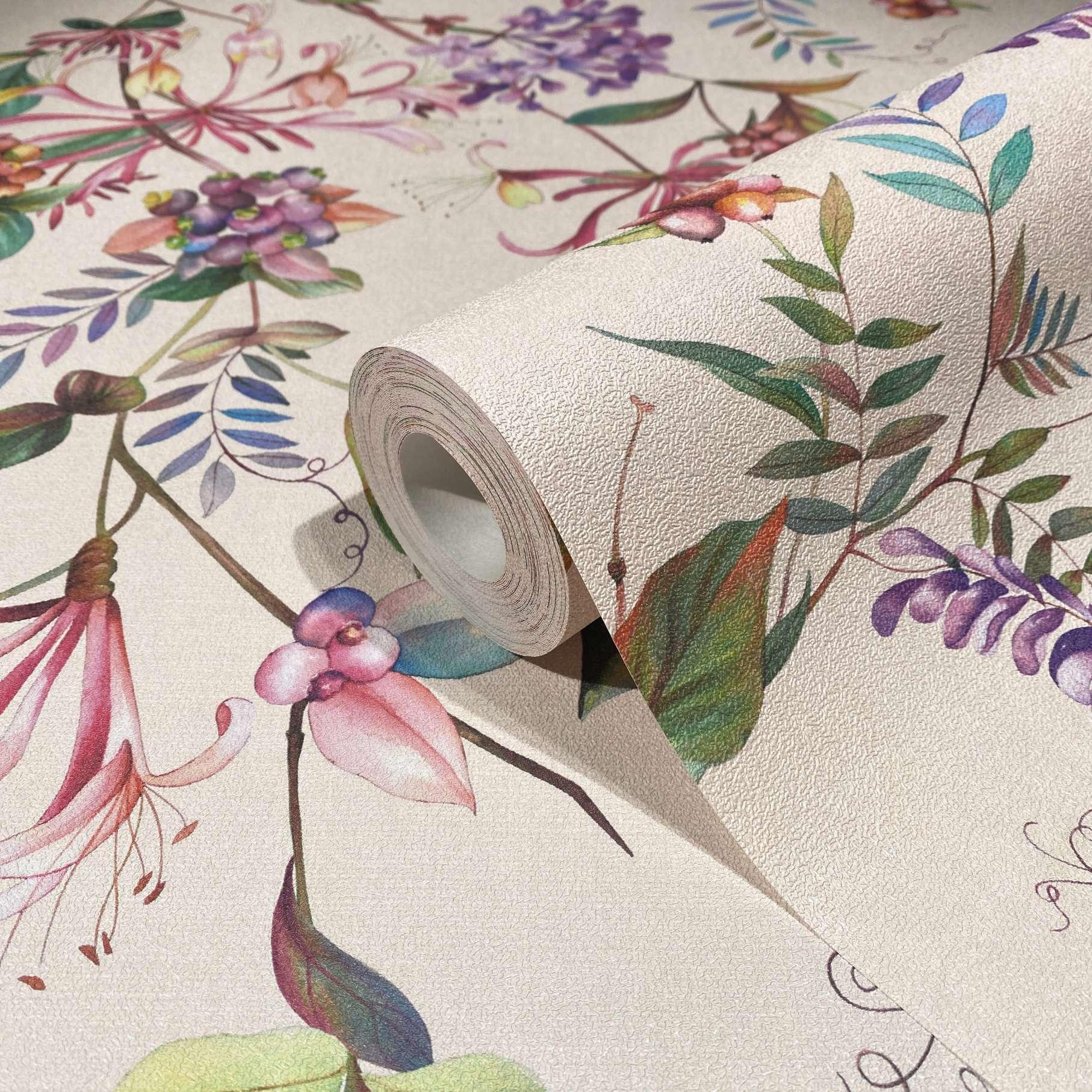 Tapet, ikke-vævet blomstertapet Flora beige, pink