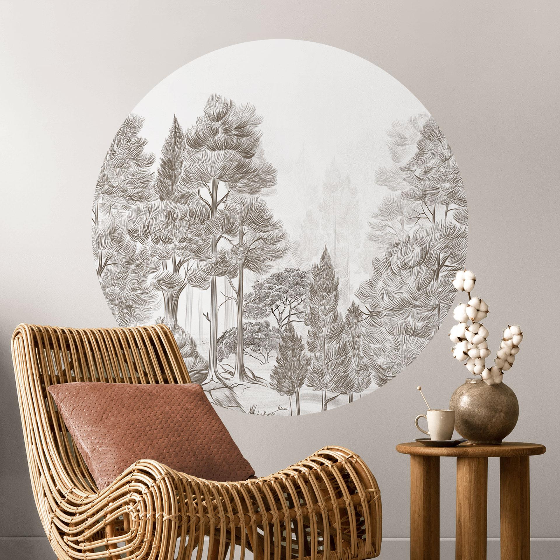 Muursticker bos met boslandschap in beige - Ms Tiff - Rond