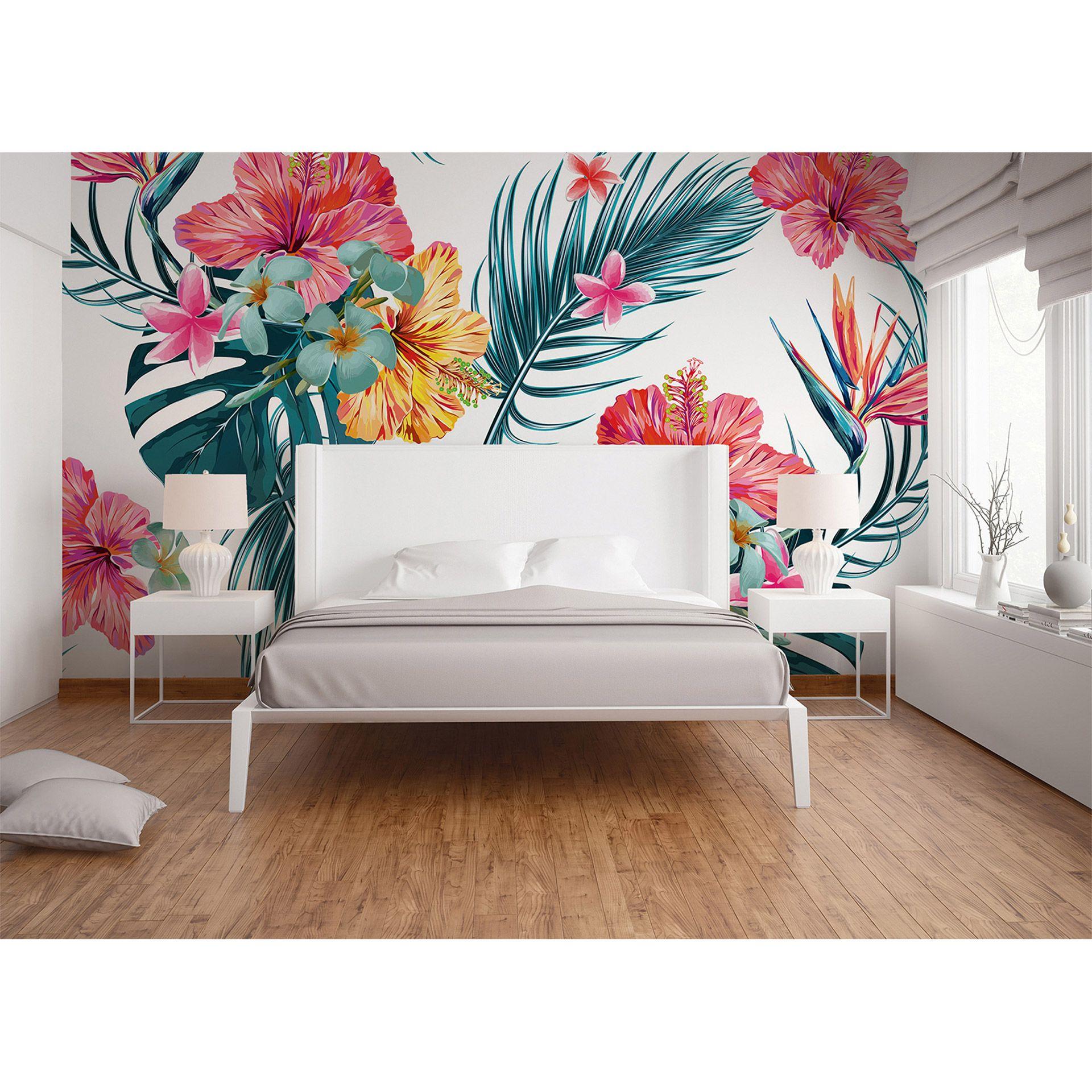 non-woven tapet Tropical Art palmer jungle fototapet Designwalls i farverigt og hvidt 