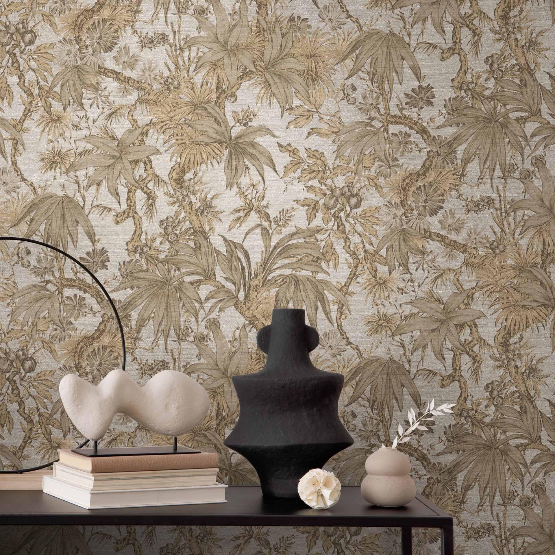 Papel pintado botánico beige-marrón - Papel pintado de muestra exótico con hojas - Papel pintado no tejido