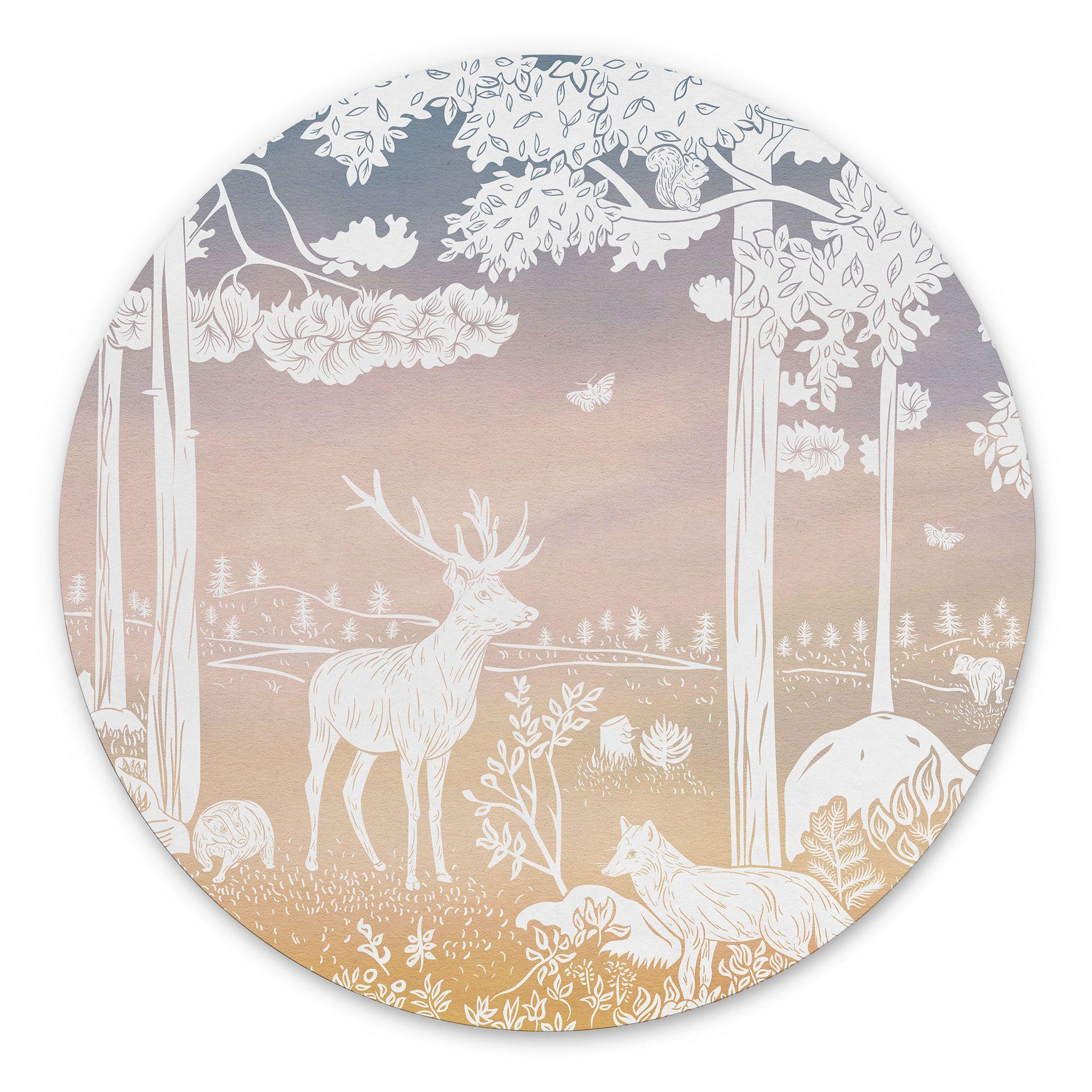 Rundt Billede Fredfyldt skov med hjorte og ræve - Ombre - Kikki Belle – print på aluminium