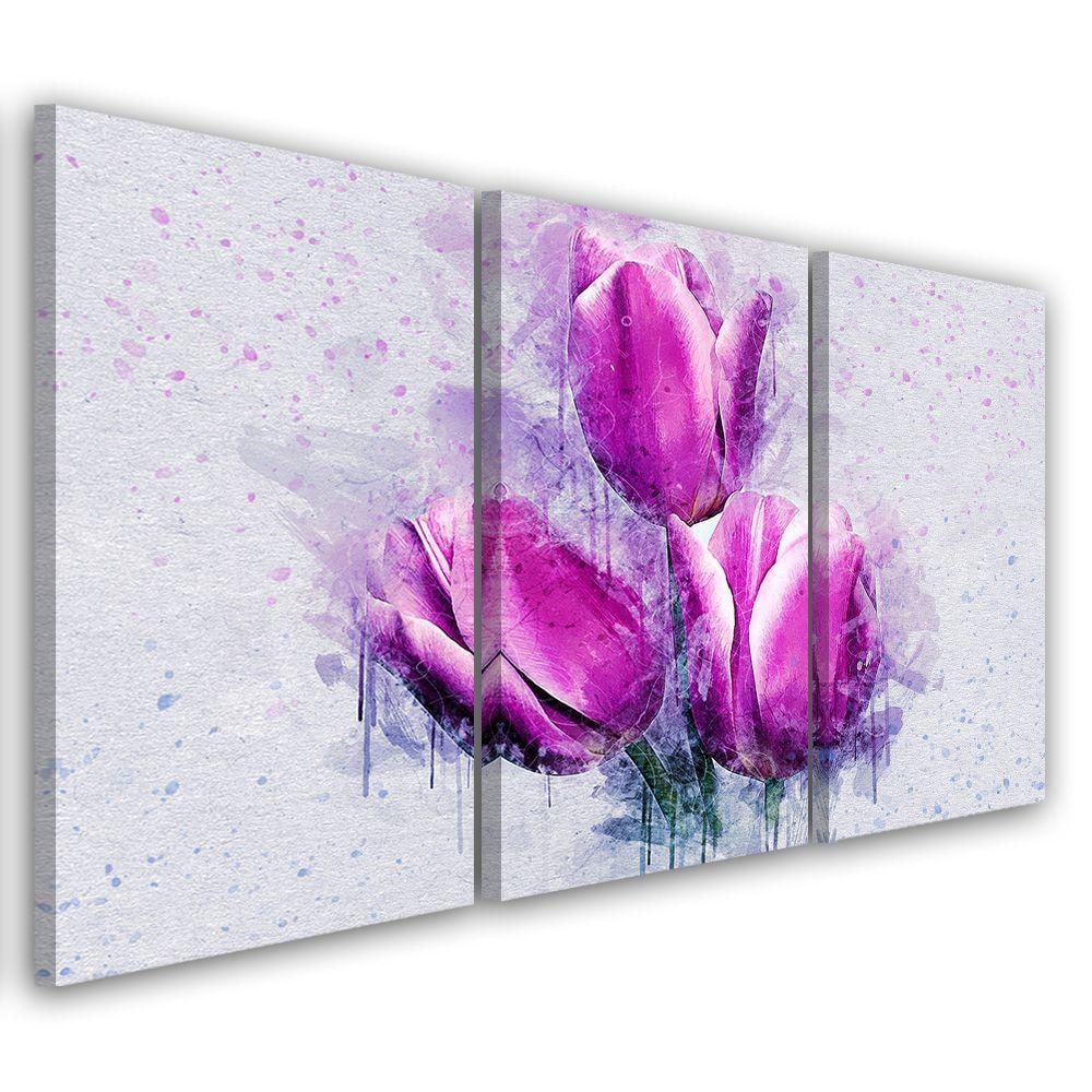 3 stykke lærredsprint, Tulipaner Blomster Pink