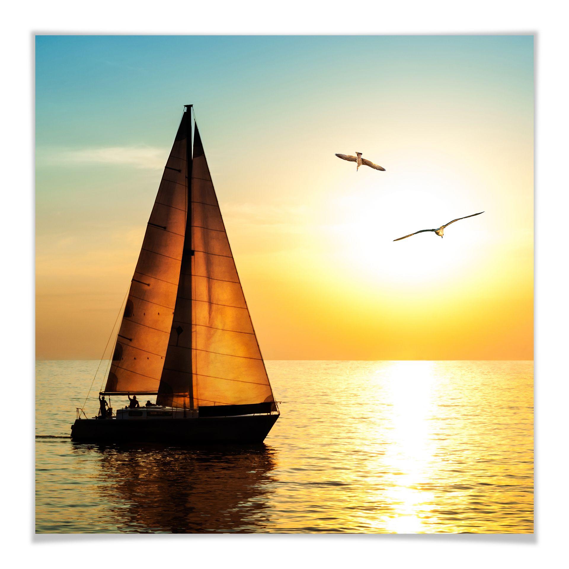 Póster velero al atardecer