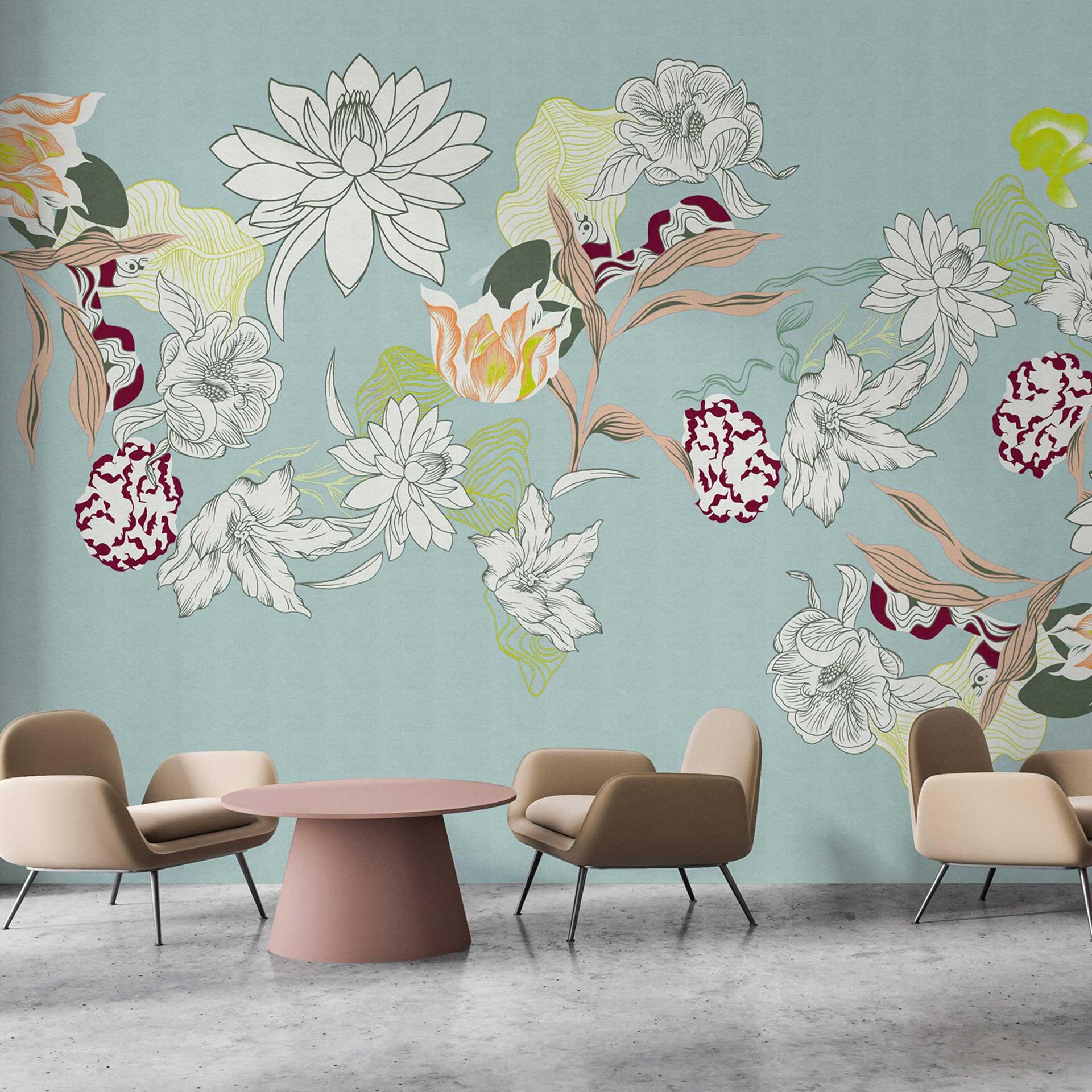 Botanisk tapet i mint - non-woven tapet med tegnet blomsterarrangement