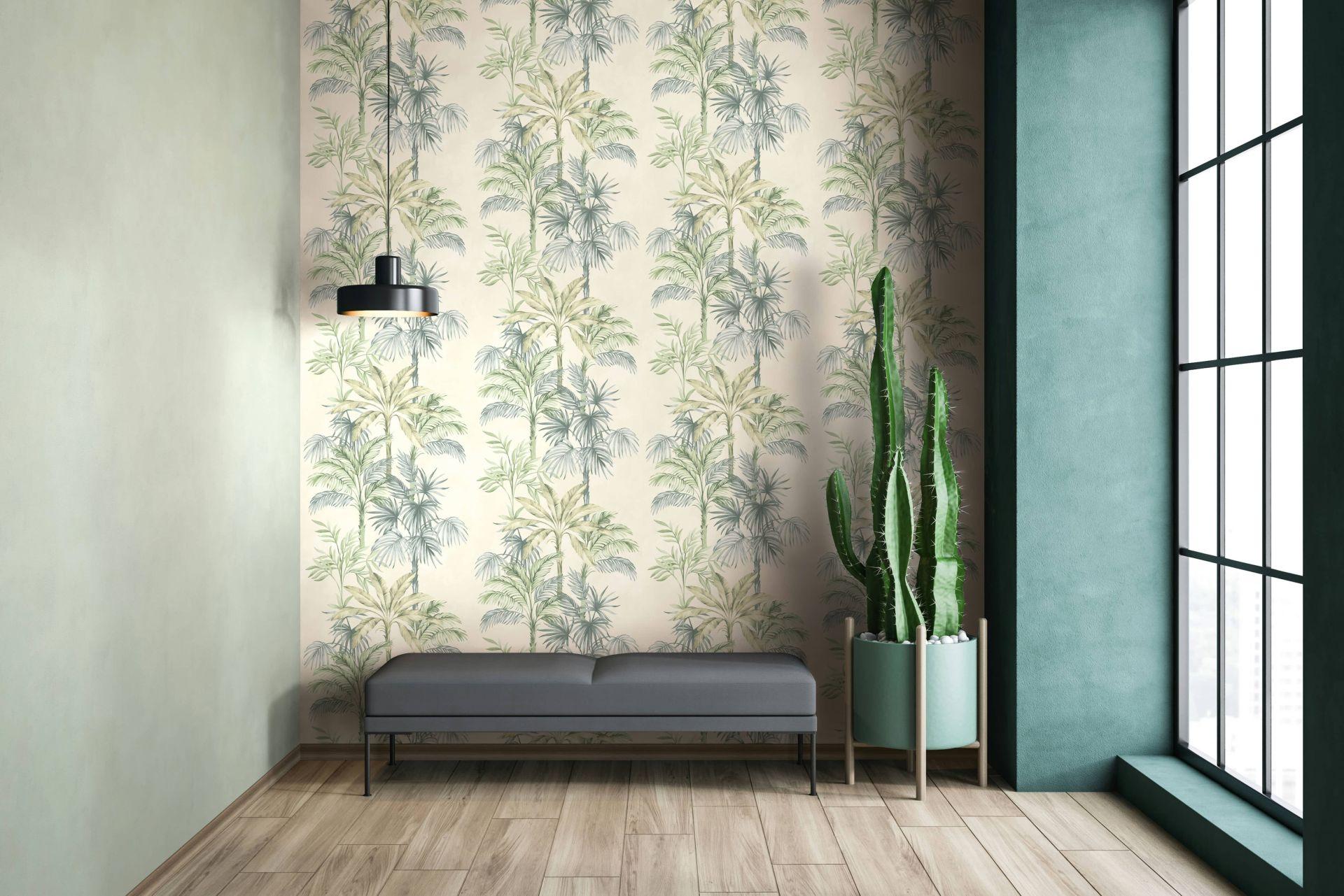 Non-woven tapet i beige grøn træer blade jungle blomster natur 
