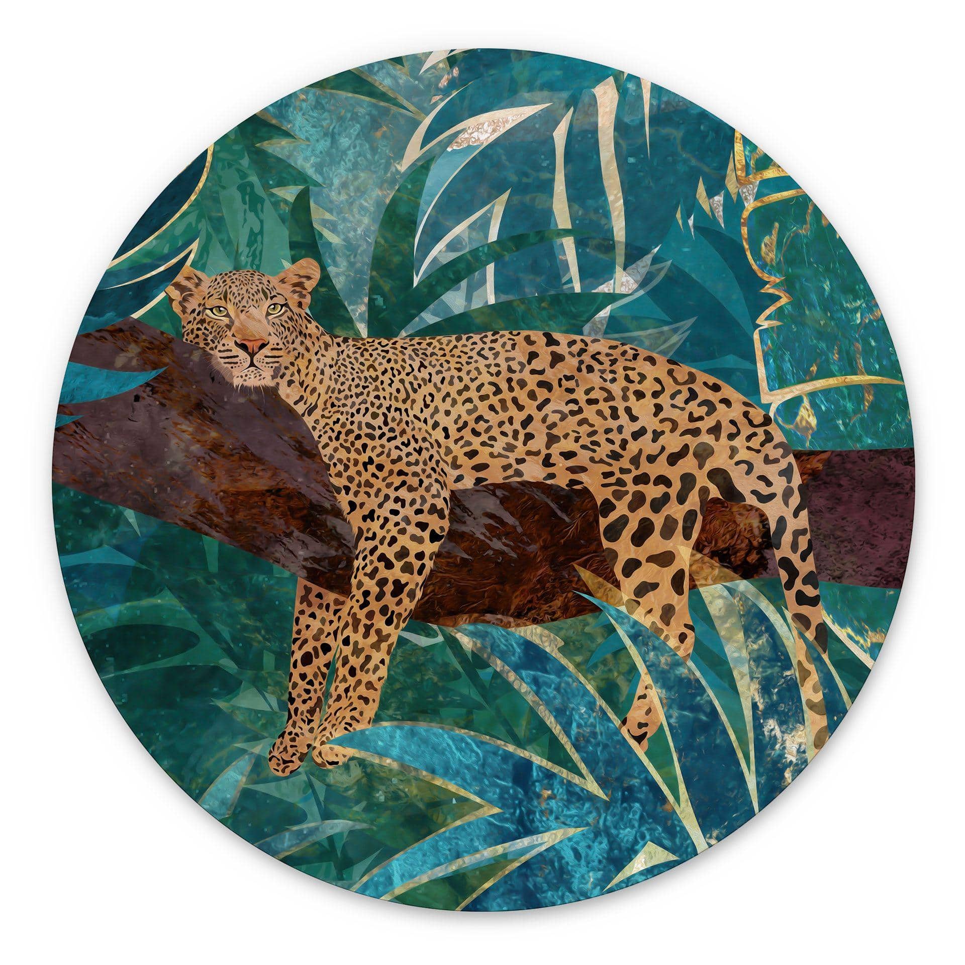Billede af leopard i smaragdgrøn jungle - Manovski - rund – print på aluminium (Alu-Dibond)