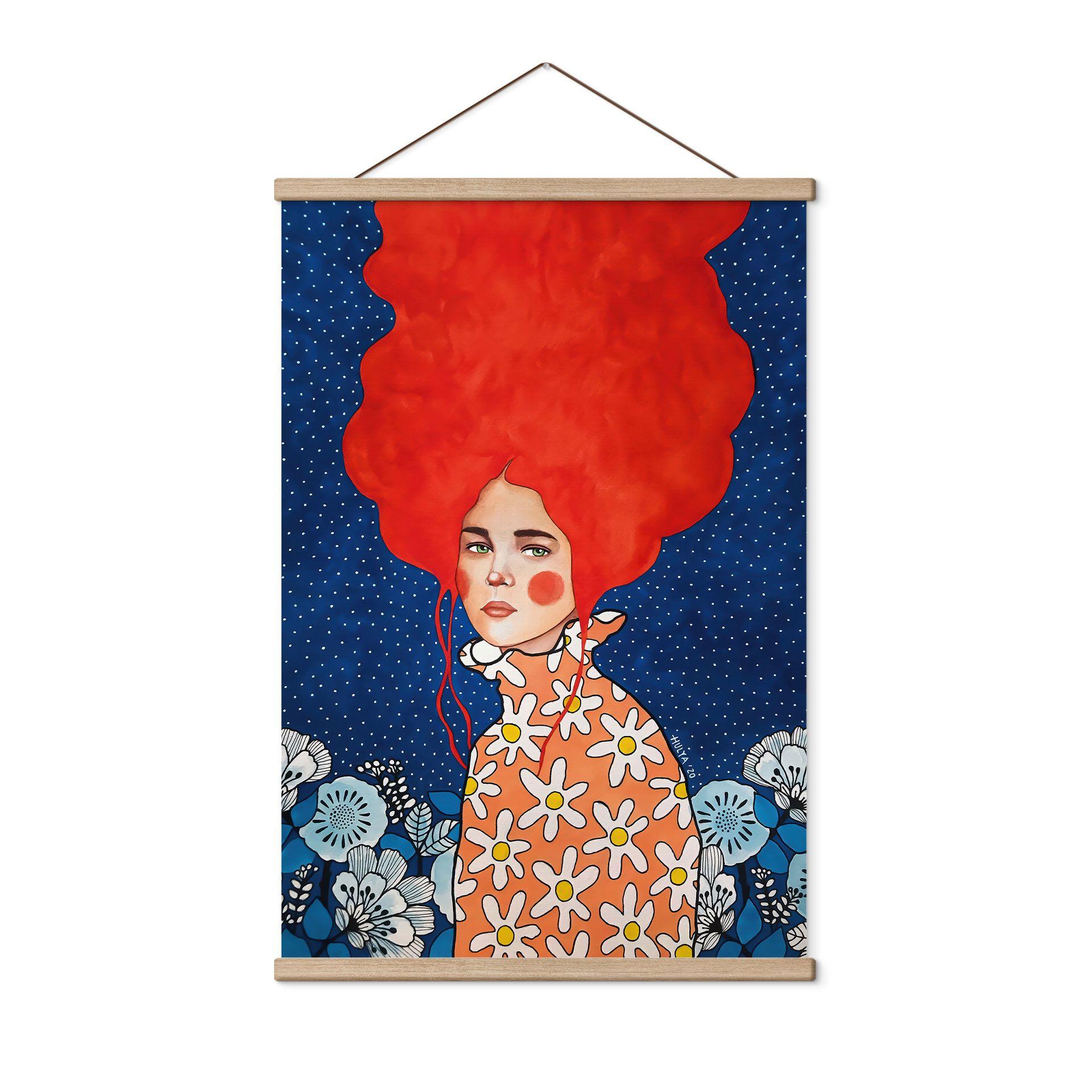 Póster de tela mujer pelirroja con flores - Hülya
