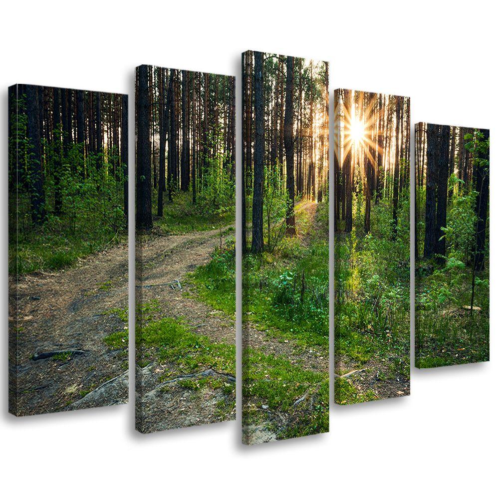 5 stykke lærredstryk, skovnaturvejlandskab