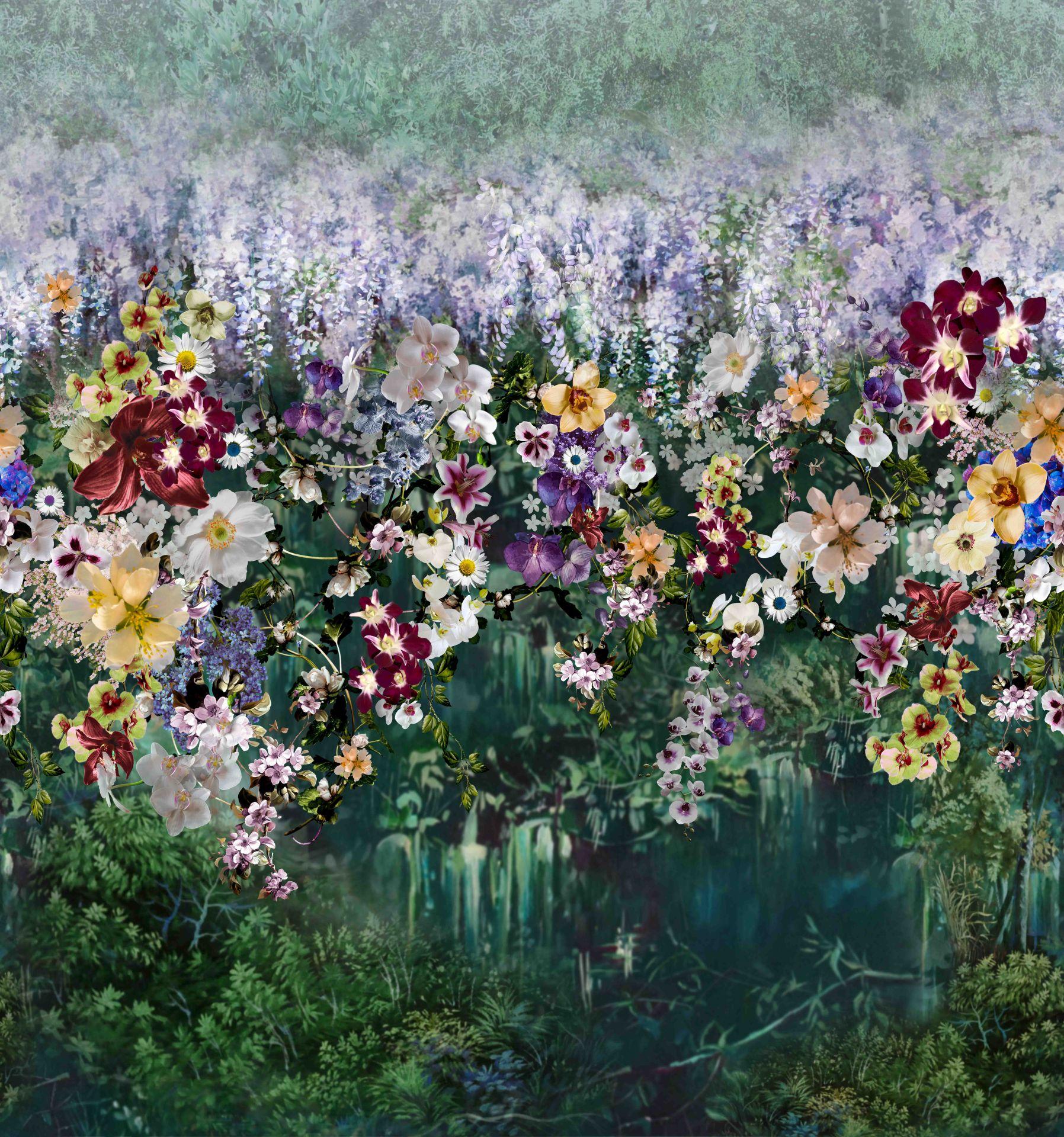 Fototapet Frodig blomstereng i lilla og creme med vintagepatina 3,4 x 3,18 m