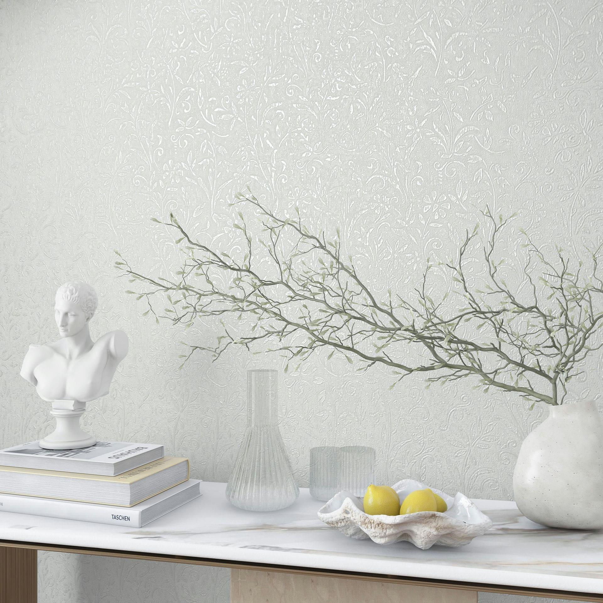 Papel pintado no tejido con motivo de hojas blancas naturaleza floral