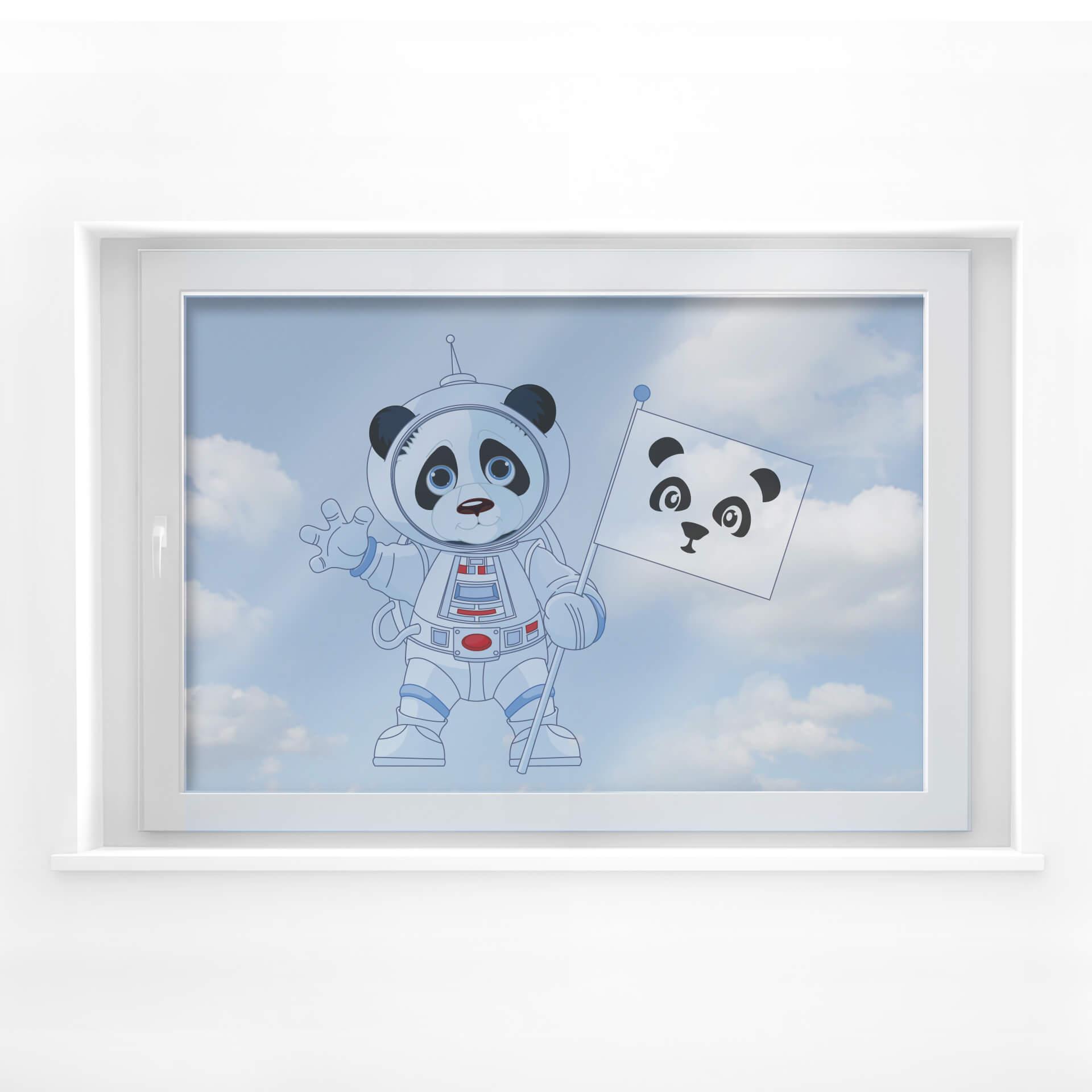 Ventana decorada con un panda en el espacio