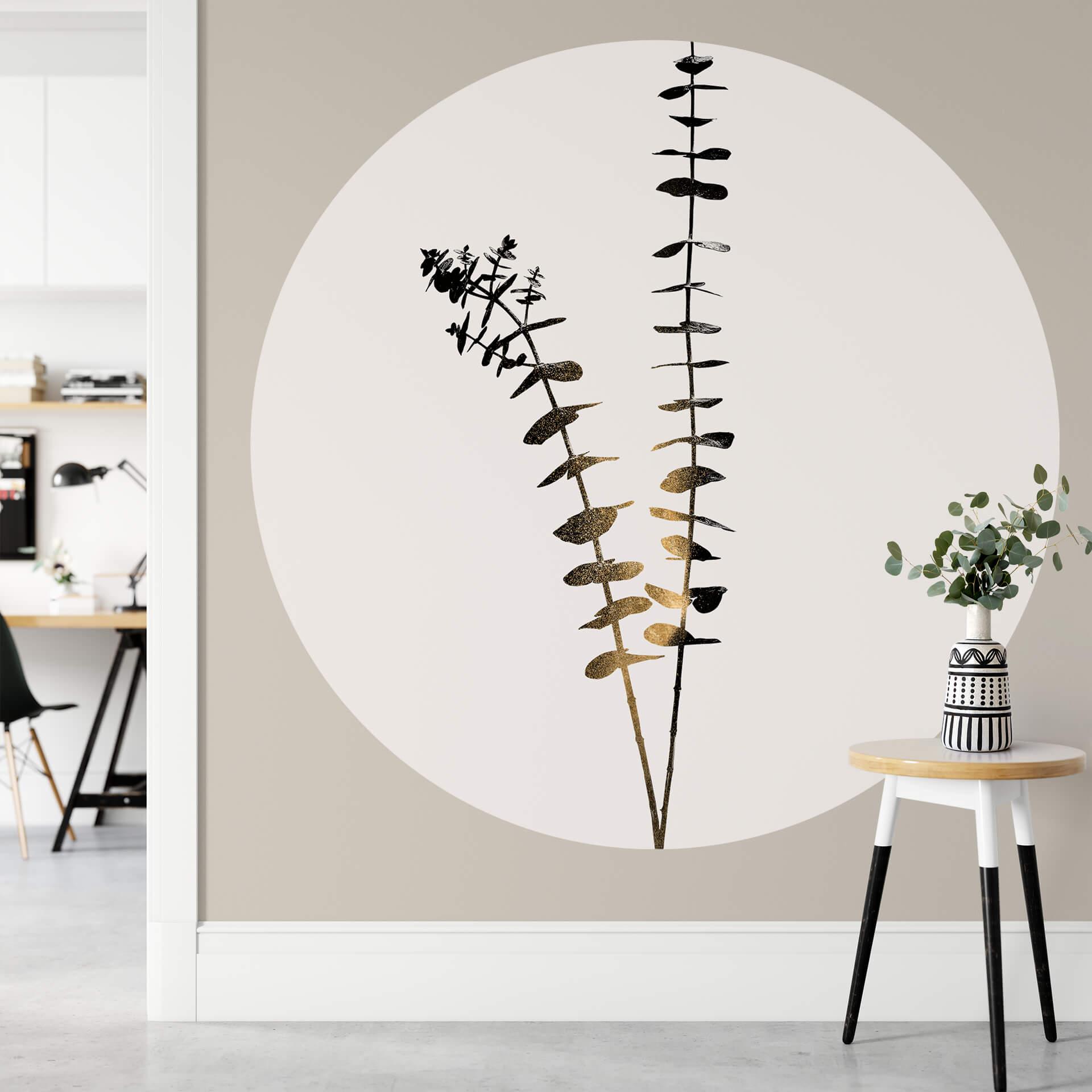 Fototapet - Rundt Kubistika - Sort og guld Eucalyptus - vliesetapet/selvklæbende non-woven tapet