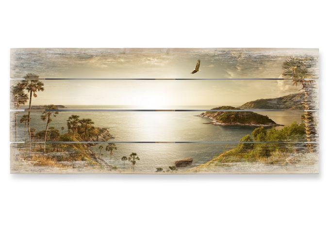 Houten Wanddecoratie Zonsondergang in het Paradijs - Panorama