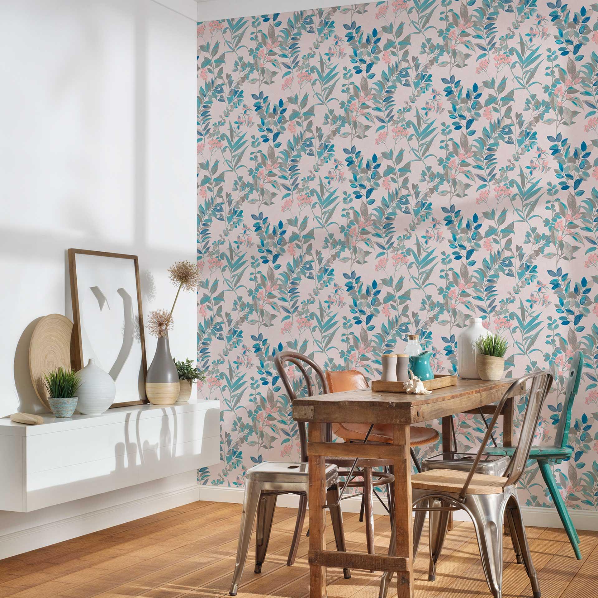 Papel pintado Floral con flores blanco colorido - Papel pintado no tejido estilo acuarela floral