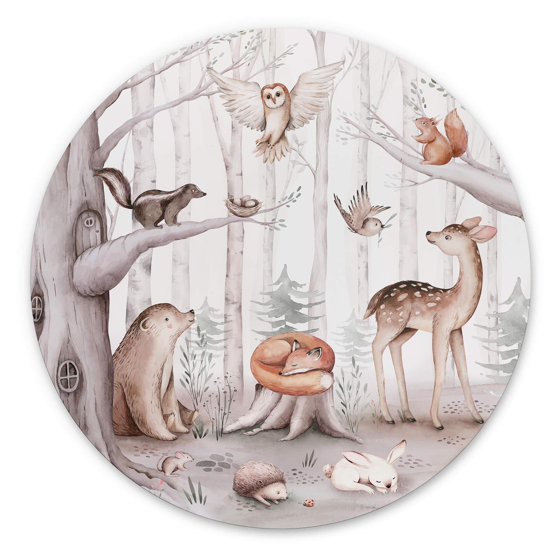 Vægcirkel Kvilis - Sweet Forest Animals – print på aluminium (Alu-Dibond)