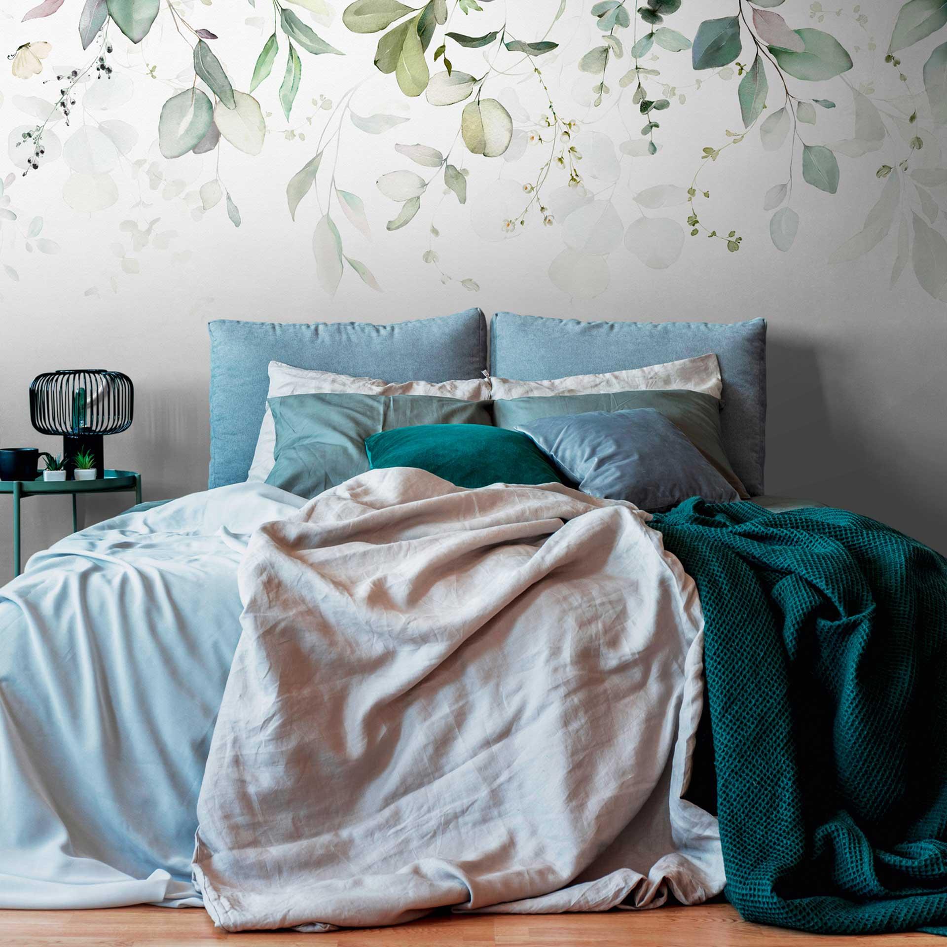 Leaves Green White - non-woven tapet med akvarelmotiv til stue og soveværelse