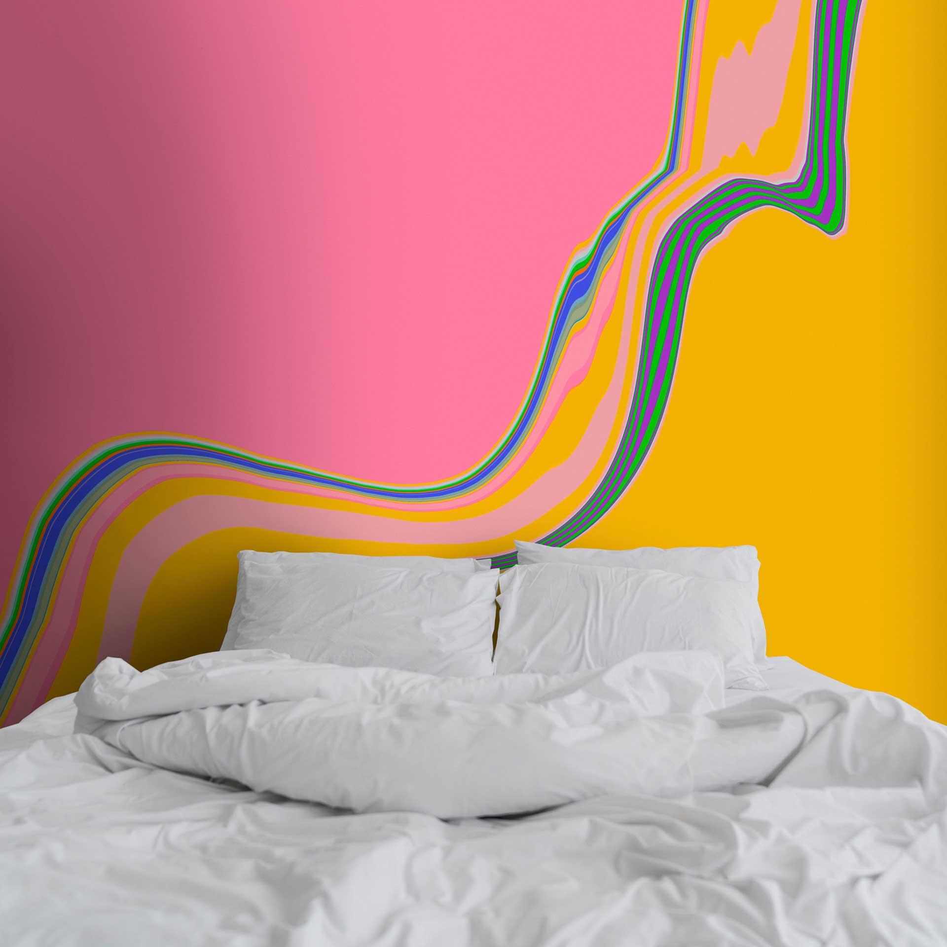 Pop art-tapet med buede linjer i pink og gul - non-woven tapet