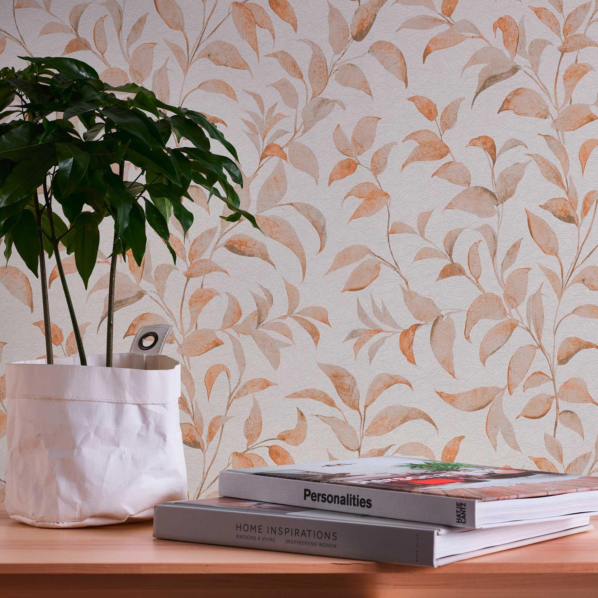 Papel pintado naranja hoja blanca - papel pintado no tejido floral - papel pintado salón dormitorio cocina