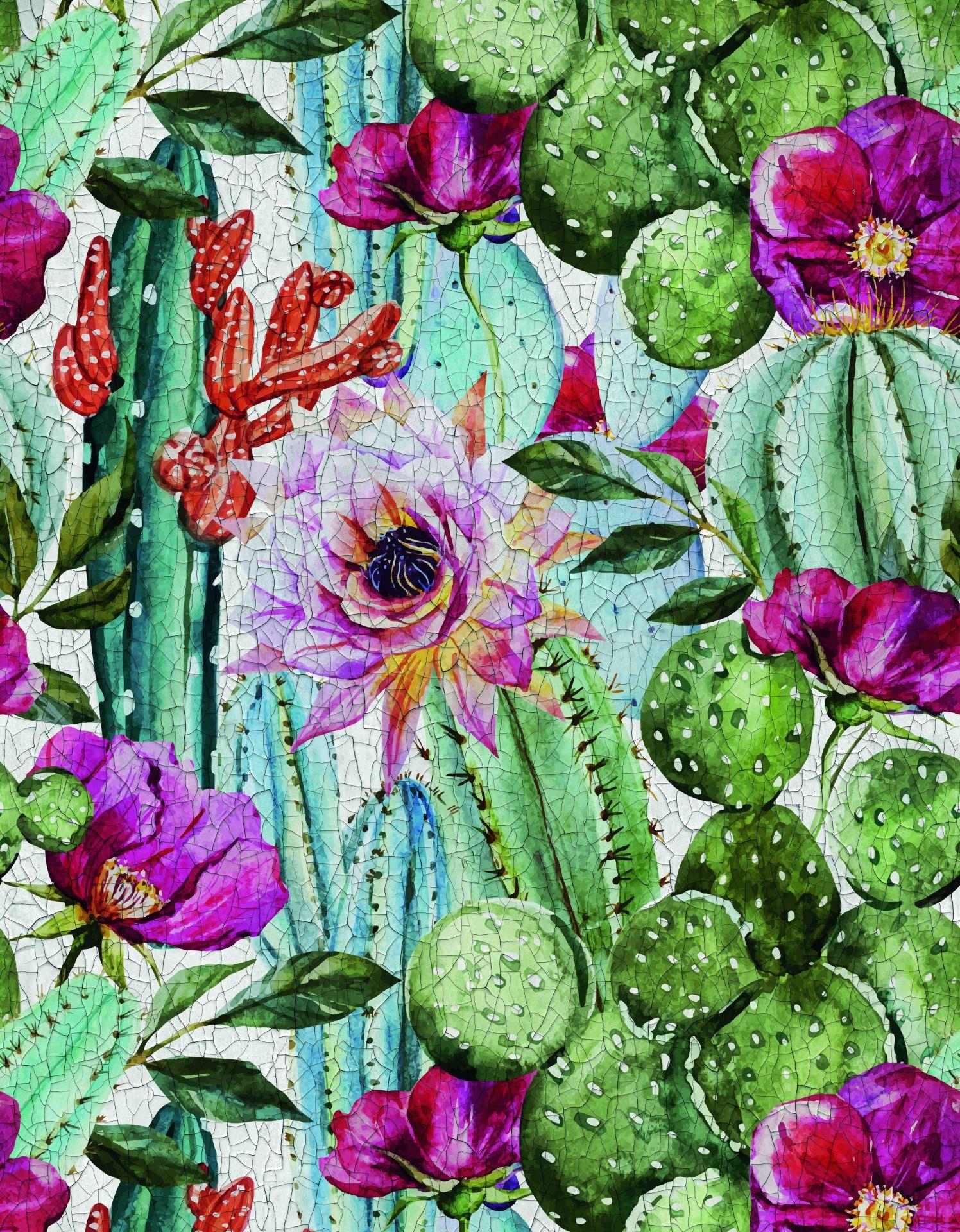 Fototapet med motiv af kaktus og lyserøde blomster med sommerfugl 3,4 x 2,65 m