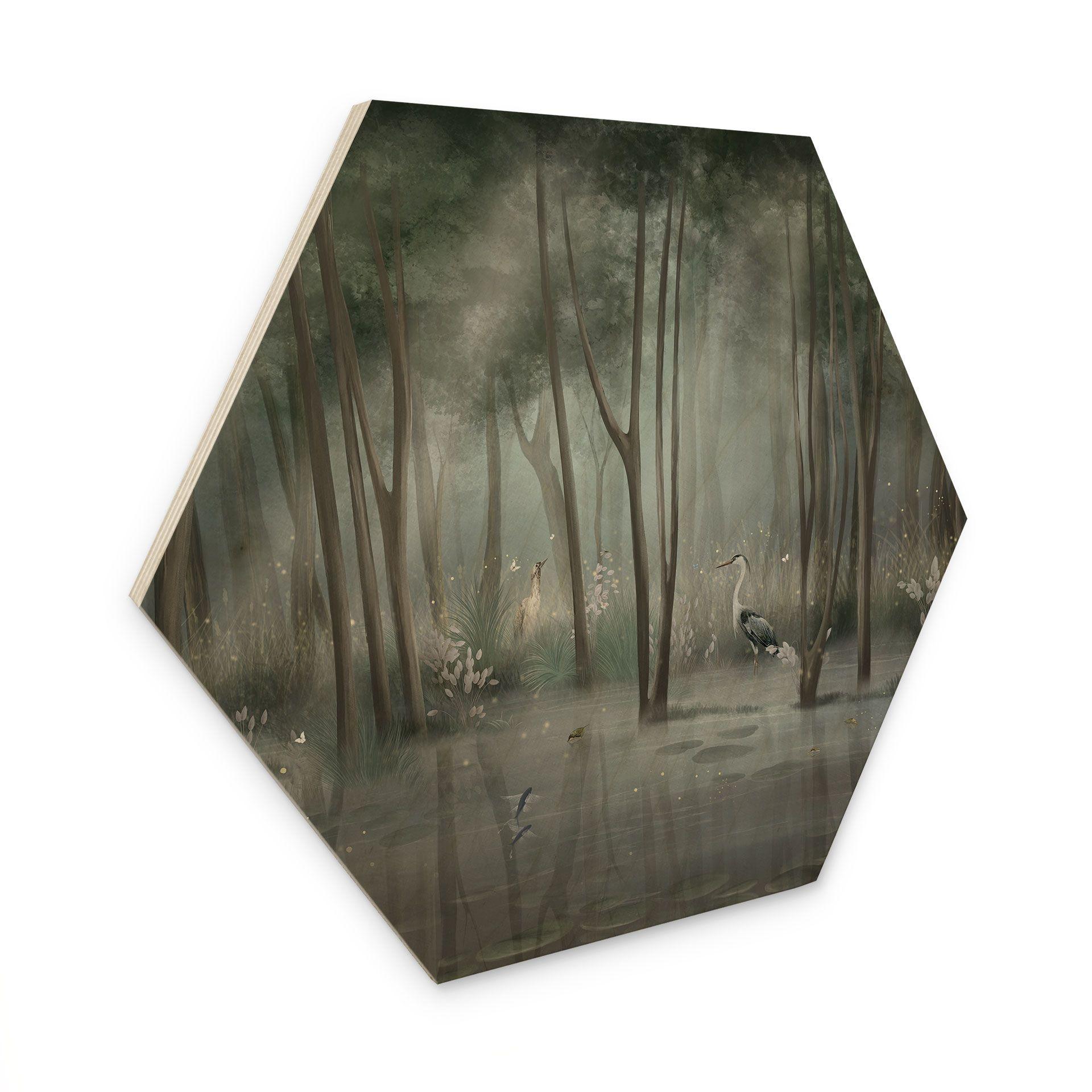 Houten Wanddecoratie wolkenbos aan het meer met reiger in het groen - Ms Tiff