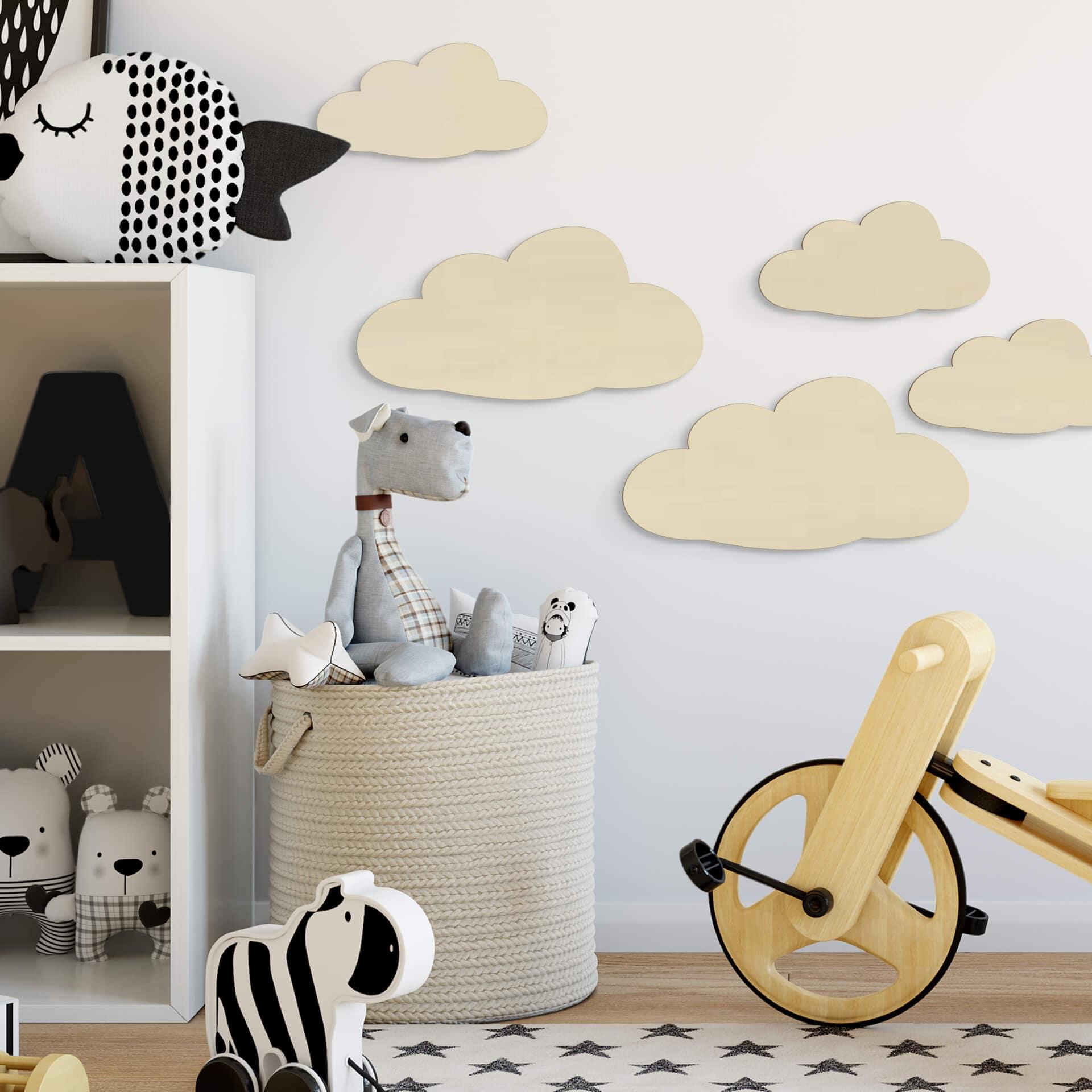 decoración en madera 3D habitación infantil - set nubes (5 piezas)