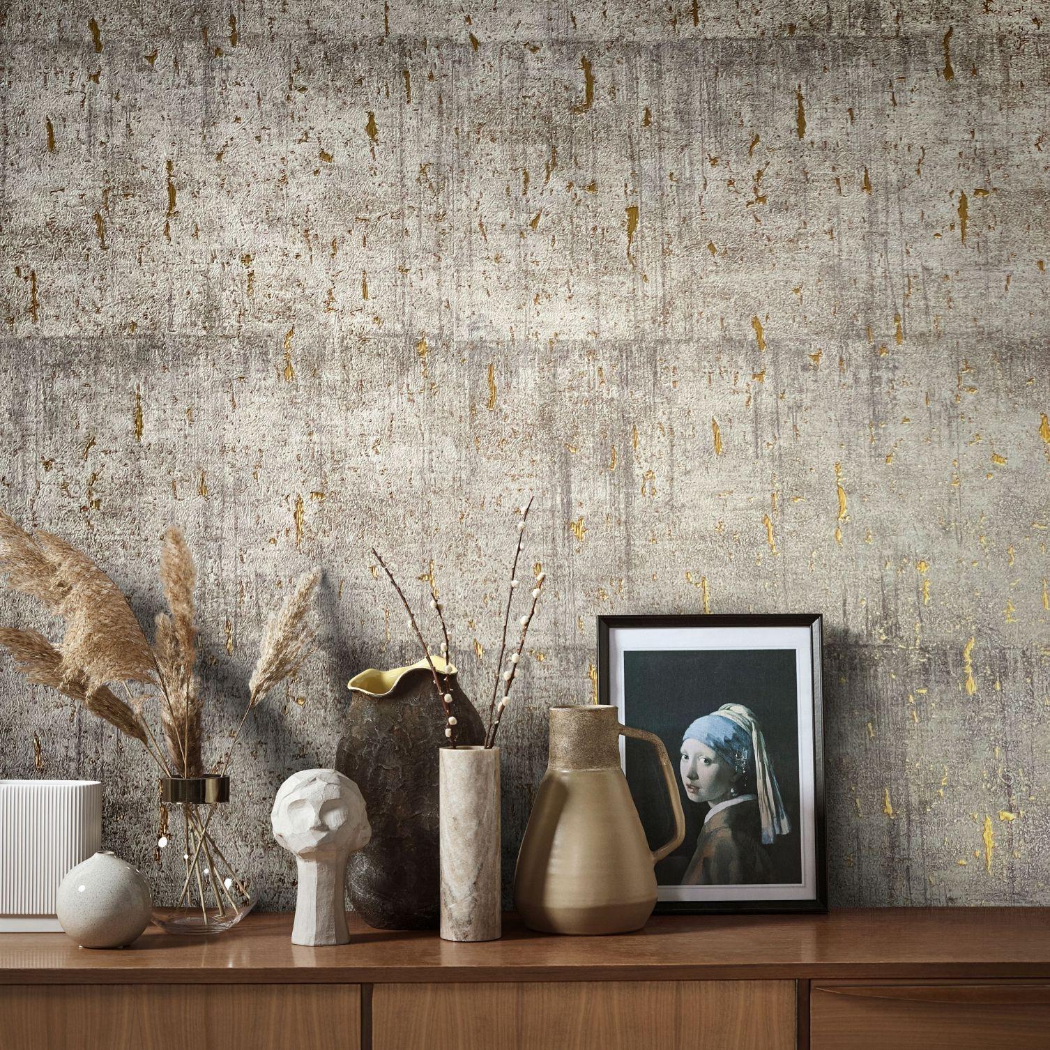 Ikke-vævet tapet med blankt betonlook grå, beige struktur