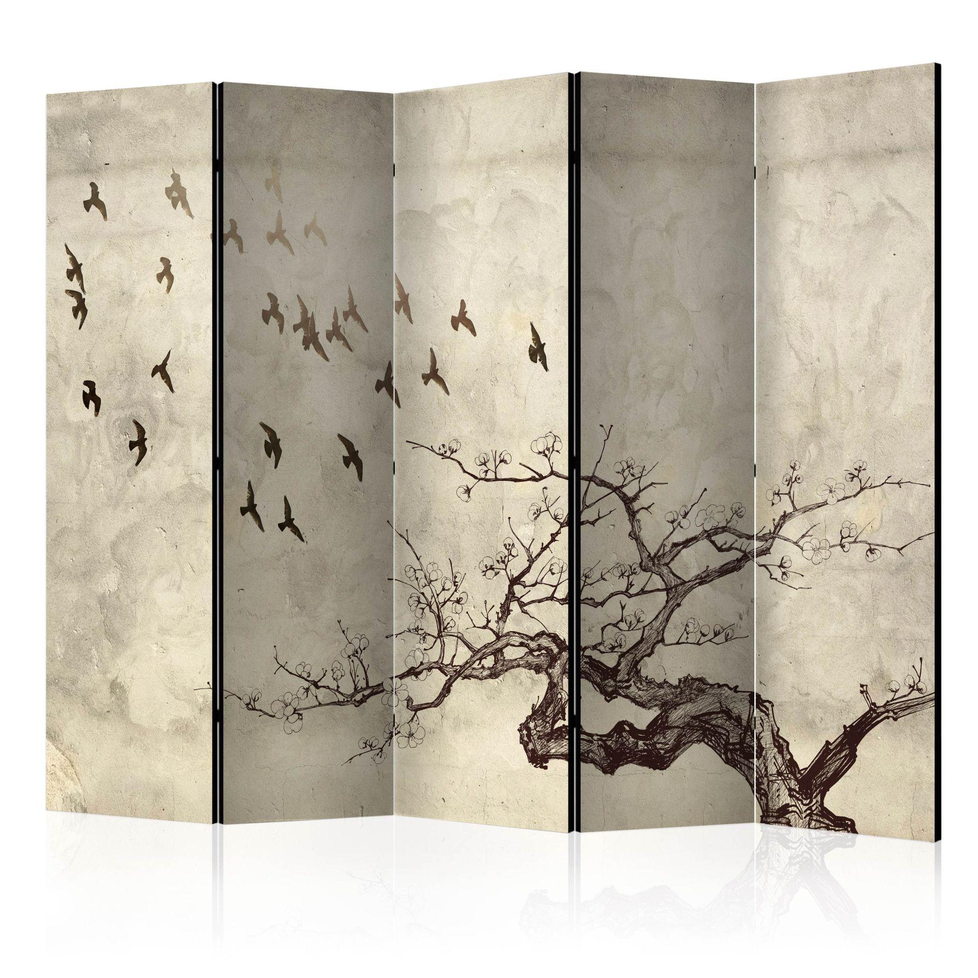 Paravent, Raumteiler freistehend, Trennwand - Flock of birds II, 5-teilig - akustisch, doppelseitig 