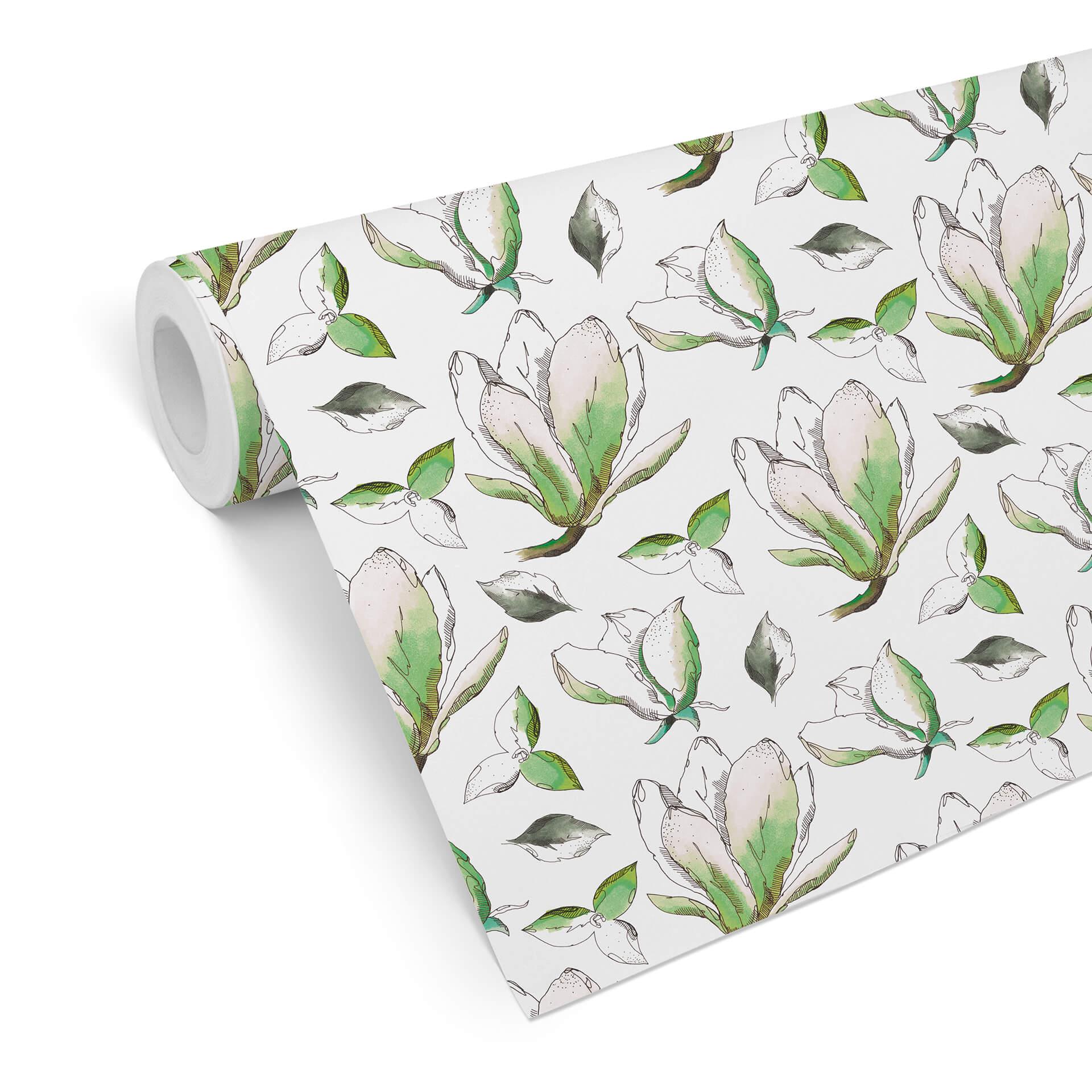 Tapet med mønster - illustrerede blomster - grøn