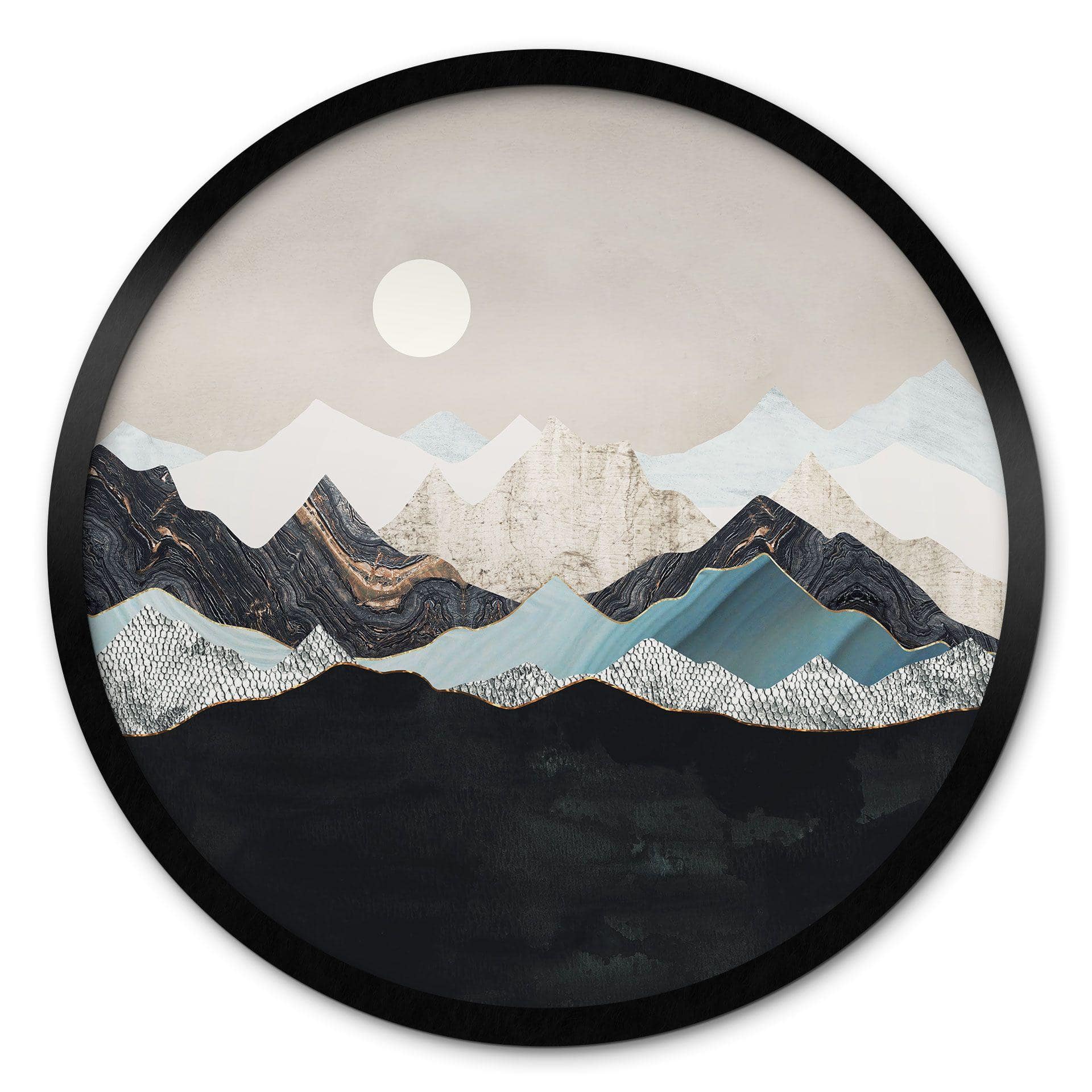 Tranquilo paisaje de montaña al atardecer póster - SpaceFrog Designs - Redondo